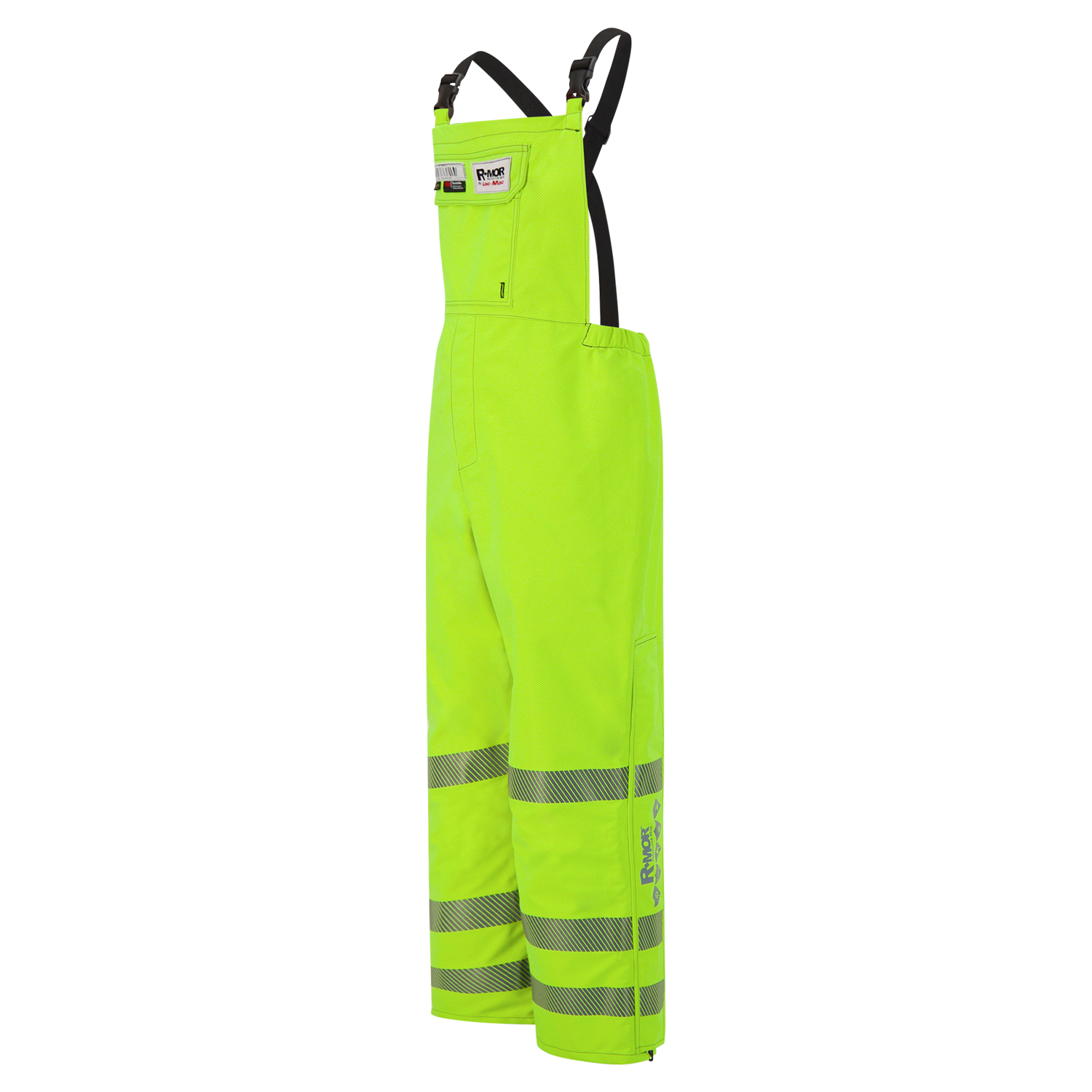 Bright yellow Overall, High-Visibility, FR/ARC Rated, SAFE-T™ Style, Reflective Markings, Regular, 706FE with black straps, featuring reflective stripes on the legs and made from durable Gore-Tex Pyrad Fabric for ultimate protection by Lac-Mac, Limited.