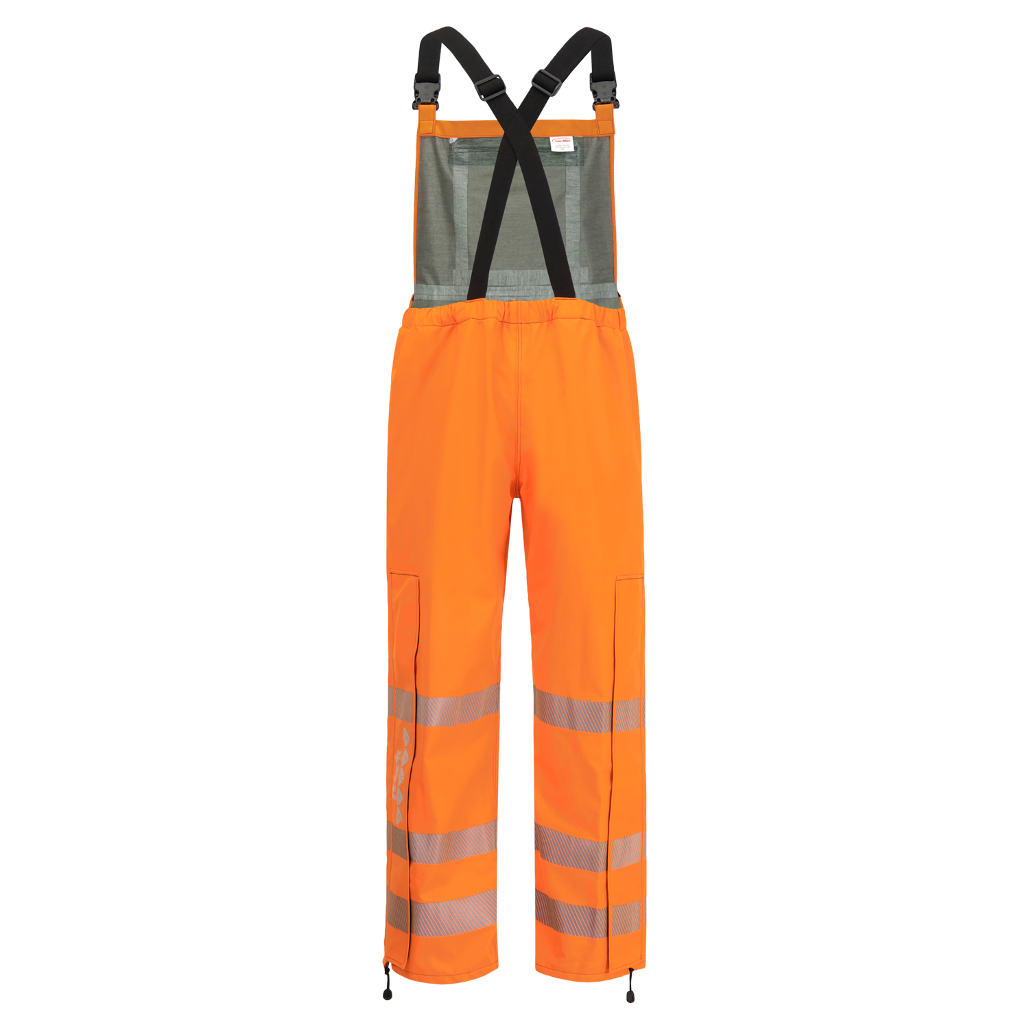 Back view of Lac-Mac, Limited Overall, High-Visibility, FR/ARC Rated, SAFE-T™ Style, Reflective Markings, Regular, 706FE with black adjustable suspenders and multiple pockets.