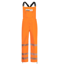 The Lac-Mac Women’s Overall, High-Visibility, FR/ARC Rated SAFE-T™ Style 706FEW features bright orange fabric with reflective leg stripes, black adjustable shoulder straps, chest labels, and meets PPE Category 3 standards for protection.