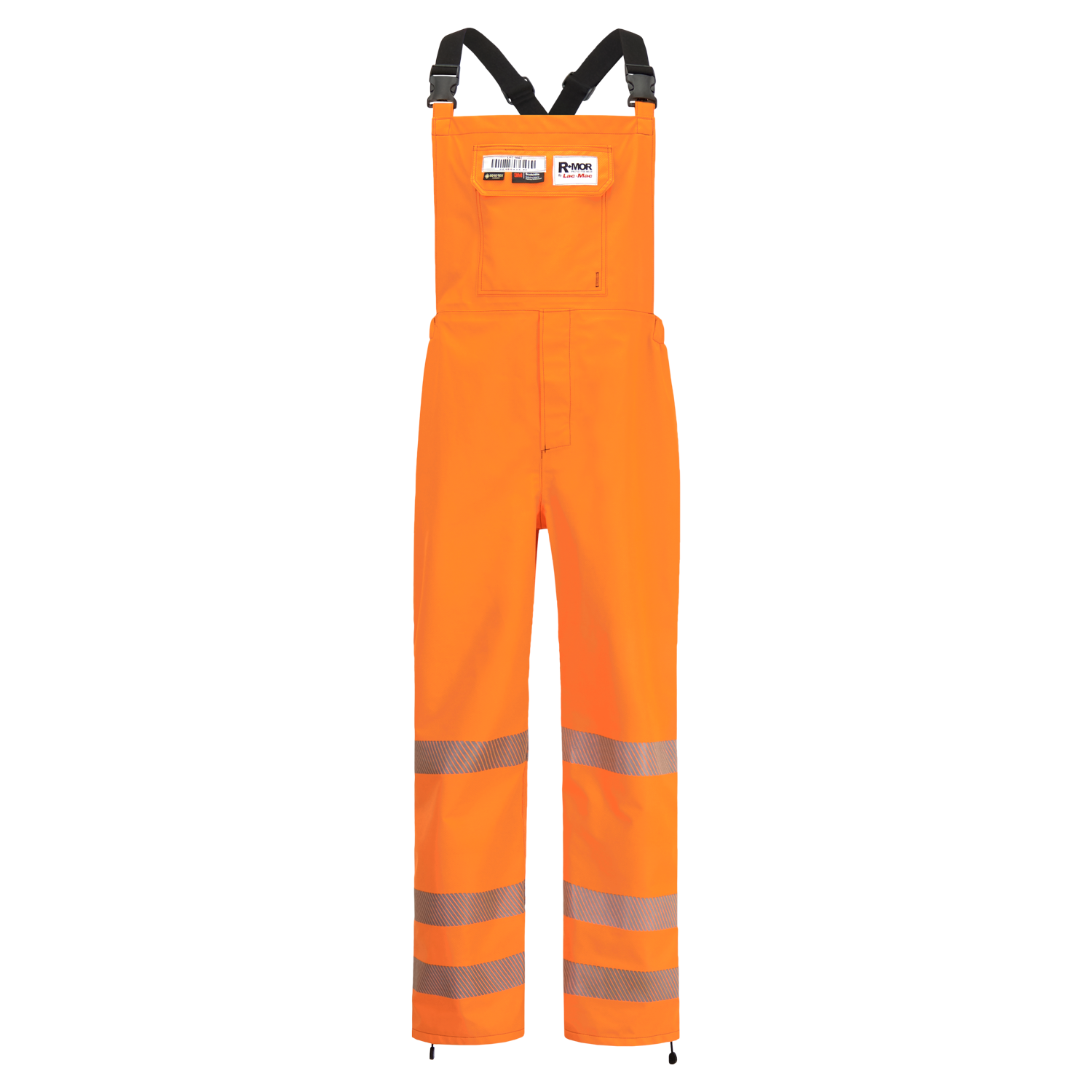 A pair of Lac-Mac, Limited Overall, High-Visibility, FR/ARC Rated, SAFE-T™ Style, Reflective Markings, Regular, 706FE with reflective bands on the legs and black straps, made from GORE-TEX PYRAD fabric, featuring pockets and patches above the chest.
