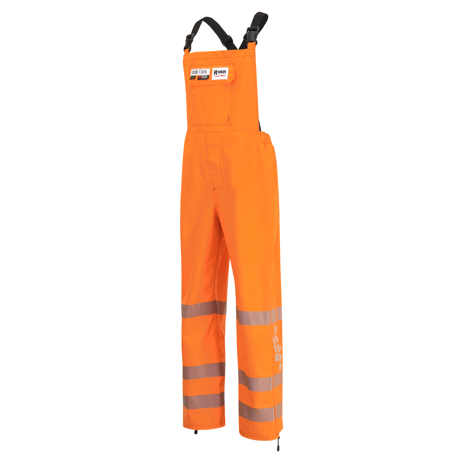 High-visibility orange coverall pants with reflective stripes, black shoulder straps, and patches and logos on the chest area, featuring Lac-Mac, Limited Overall, High-Visibility, FR/ARC Rated, SAFE-T™ Style, Reflective Markings, Regular, 706FE.