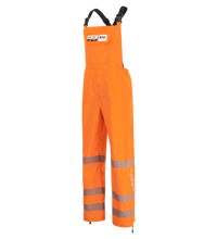 Lac-Mac Women's SAFE-T™ Style 706FEW high-visibility orange overall, FR/ARC PPE Category 3 rated, with reflective stripes on the lower legs and two chest ID patches, shown on a white background.