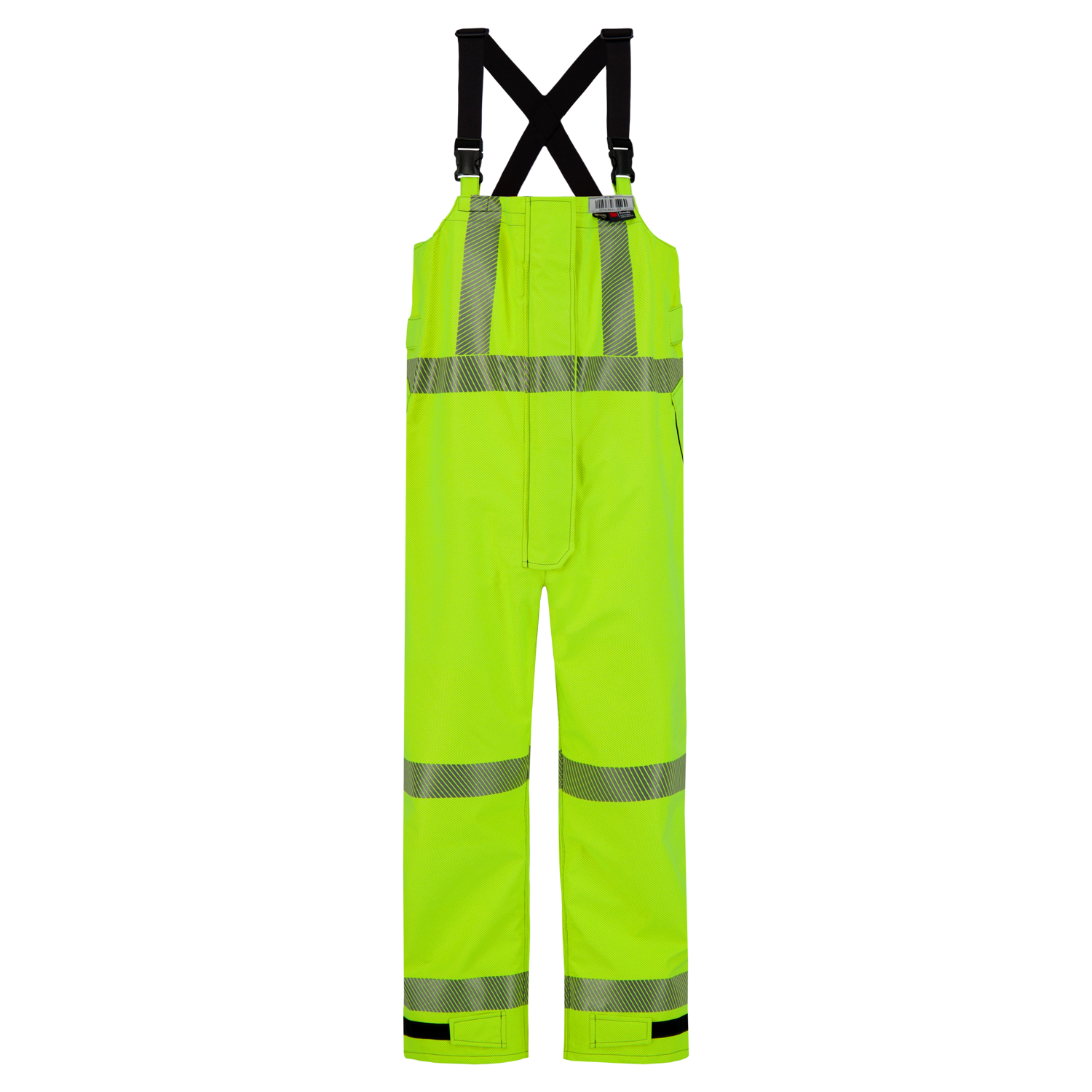 Bright yellow high-visibility overalls with reflective stripes, adjustable black shoulder straps, and a front zip closure. These Overall, High-Visibility FR/ARC Rated, US Markings, Women's Regular, 706FWAC from Lac-Mac, Limited provide superior protection while maintaining visibility on the job.