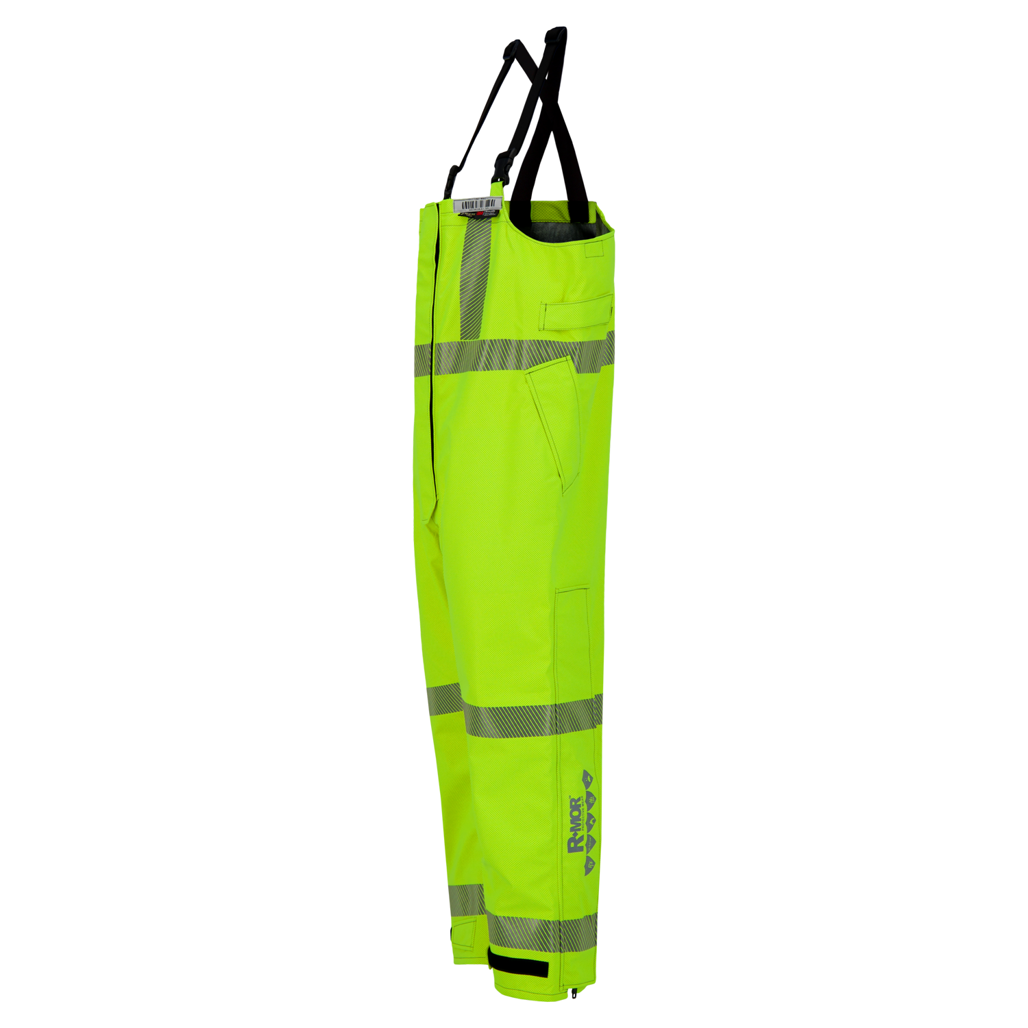 Lac-Mac, Limited Overall, High-Visibility FR/ARC Rated, US Markings, Women's Regular, 706FWAC with reflective strips and suspenders, hanging on a hook, featuring pockets and advanced GORE-TEX PYRAD technology.