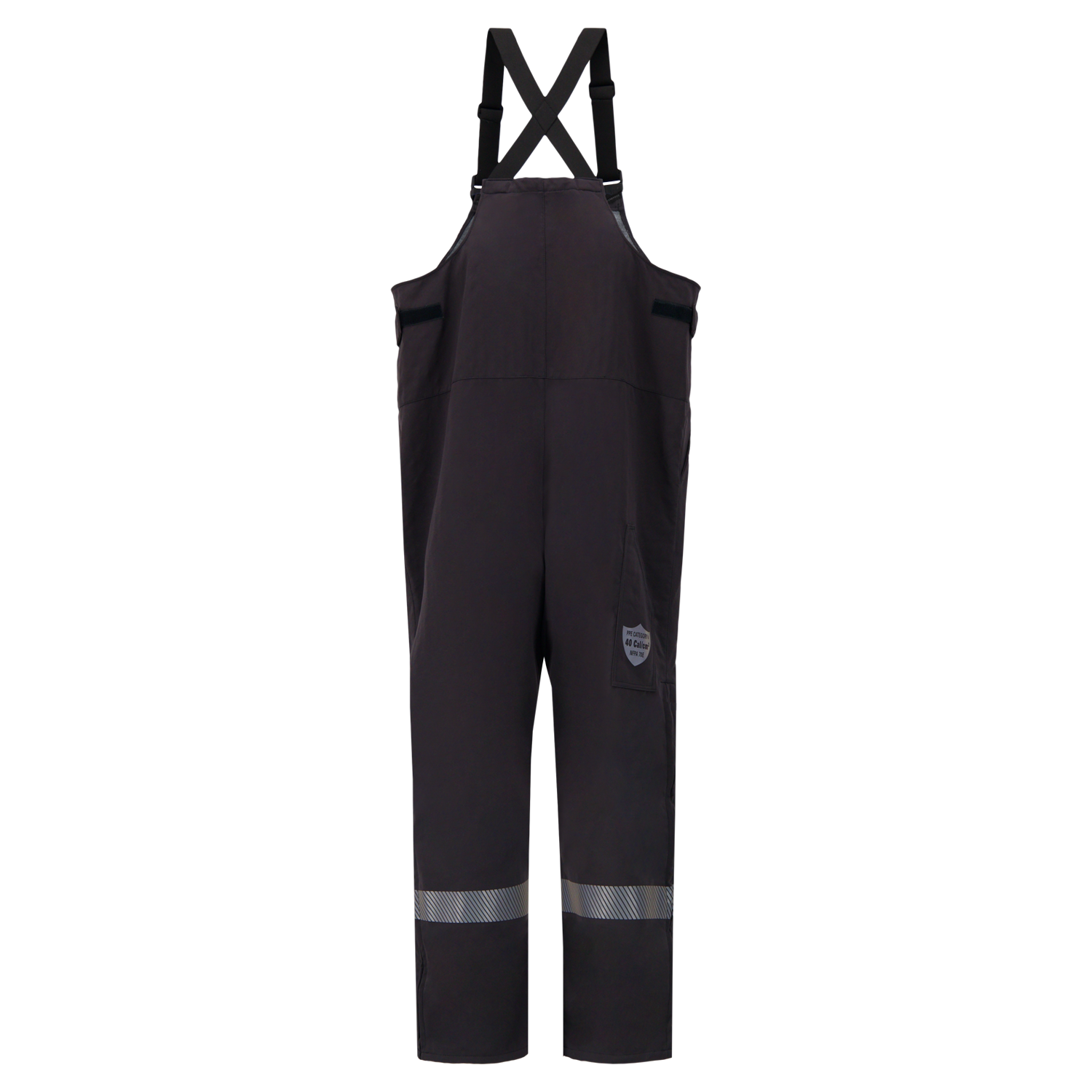 The Lac-Mac Switch Suit Overall, 75 Cal. ARC Rated (706KA) is a black CAT 4 FR bib overall with adjustable straps and reflective leg bands, shown on a white background—ideal for high-risk work environments.