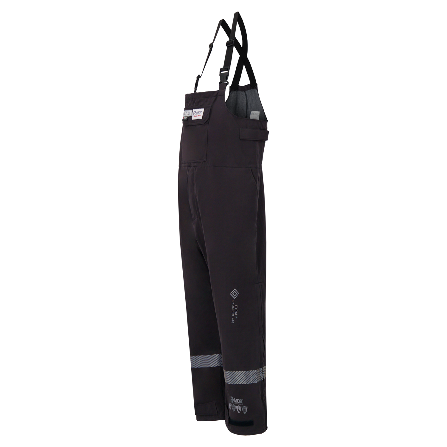 Dark-colored Switch Suit Overall, 40 Cal. ARC Rated, 706K with suspenders, hanging. These Lac-Mac, Limited PPE Category 4 overalls feature reflective strips, multiple pockets, and provide FR ARC-Flash Rated protection against hazardous environments.