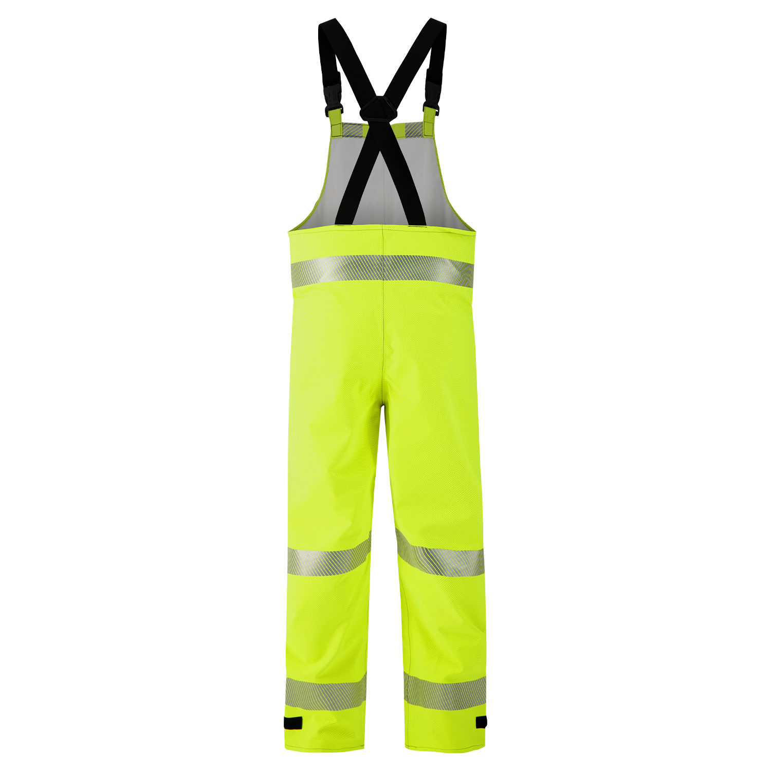 The Lac-Mac Multi-Haz Protective Overall 706ZABH offers high-visibility safety with reflective stripes, black straps, and side clasps. Designed for work environments with flammable liquid chemical hazards; ANSI 107 compliant for visibility.