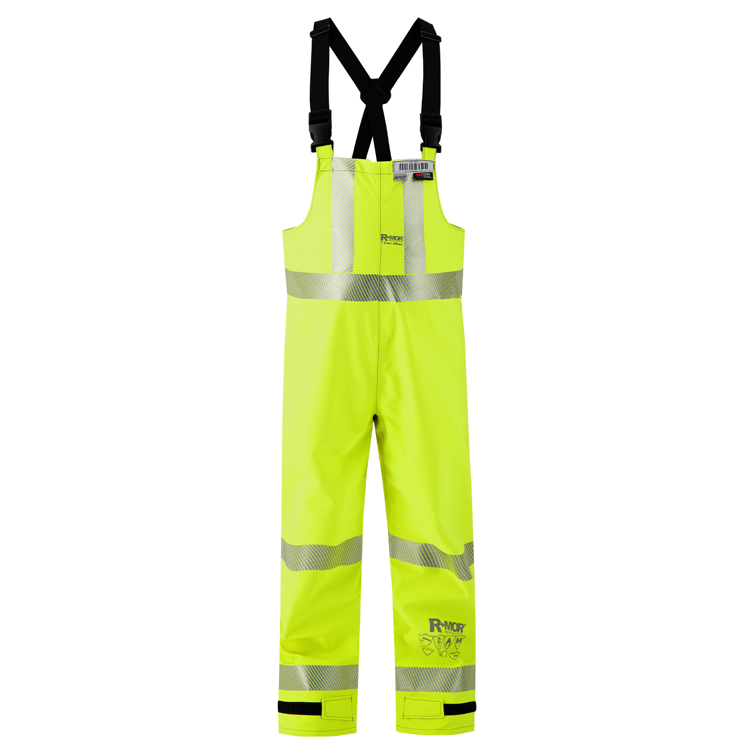 The Lac-Mac Multi-Haz Protective Overall (706ZABH) for flammable liquid chemical hazards is shown in bright yellow with reflective silver stripes and black adjustable suspenders, ANSI 107 compliant, against a white background.