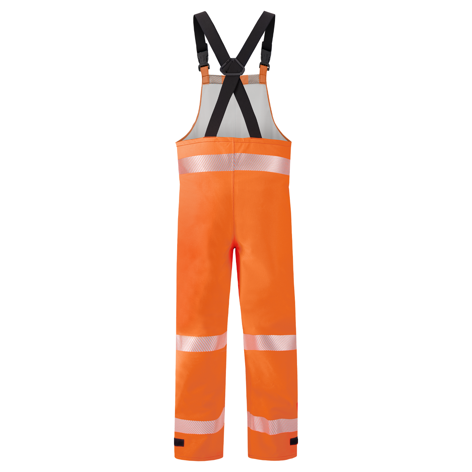 The Lac-Mac Multi-Haz Protective Overall 706ZABH, designed for flammable liquid chemical hazards, features high-visibility orange GORE-TEX PYRAD fabric, black adjustable straps, and reflective leg bands, displayed on a plain white background.