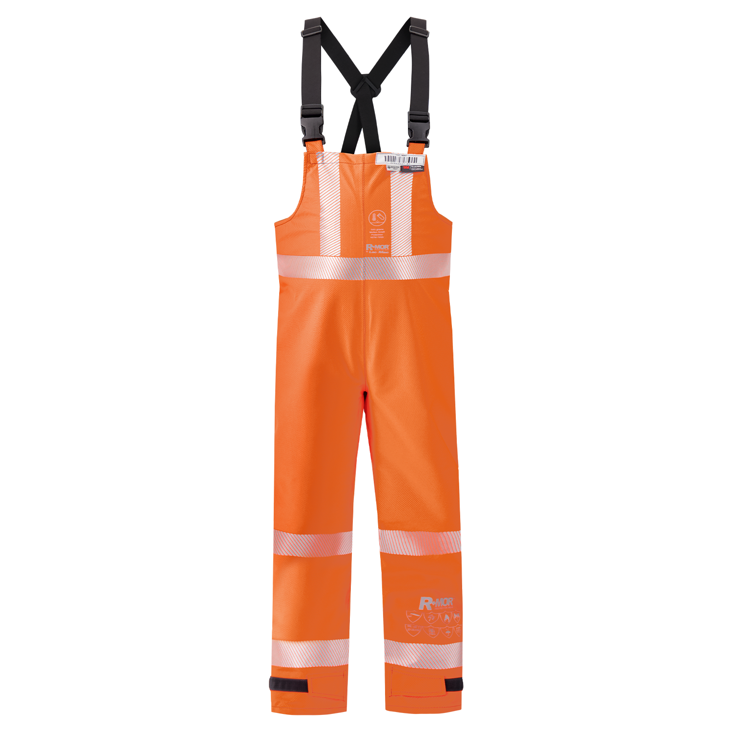 The Lac-Mac Multi-Haz Protective Overall 706ZABH is a high-visibility orange waterproof overall with reflective stripes, black adjustable suspenders, and a chest pocket, designed for flammable liquid chemical hazards.