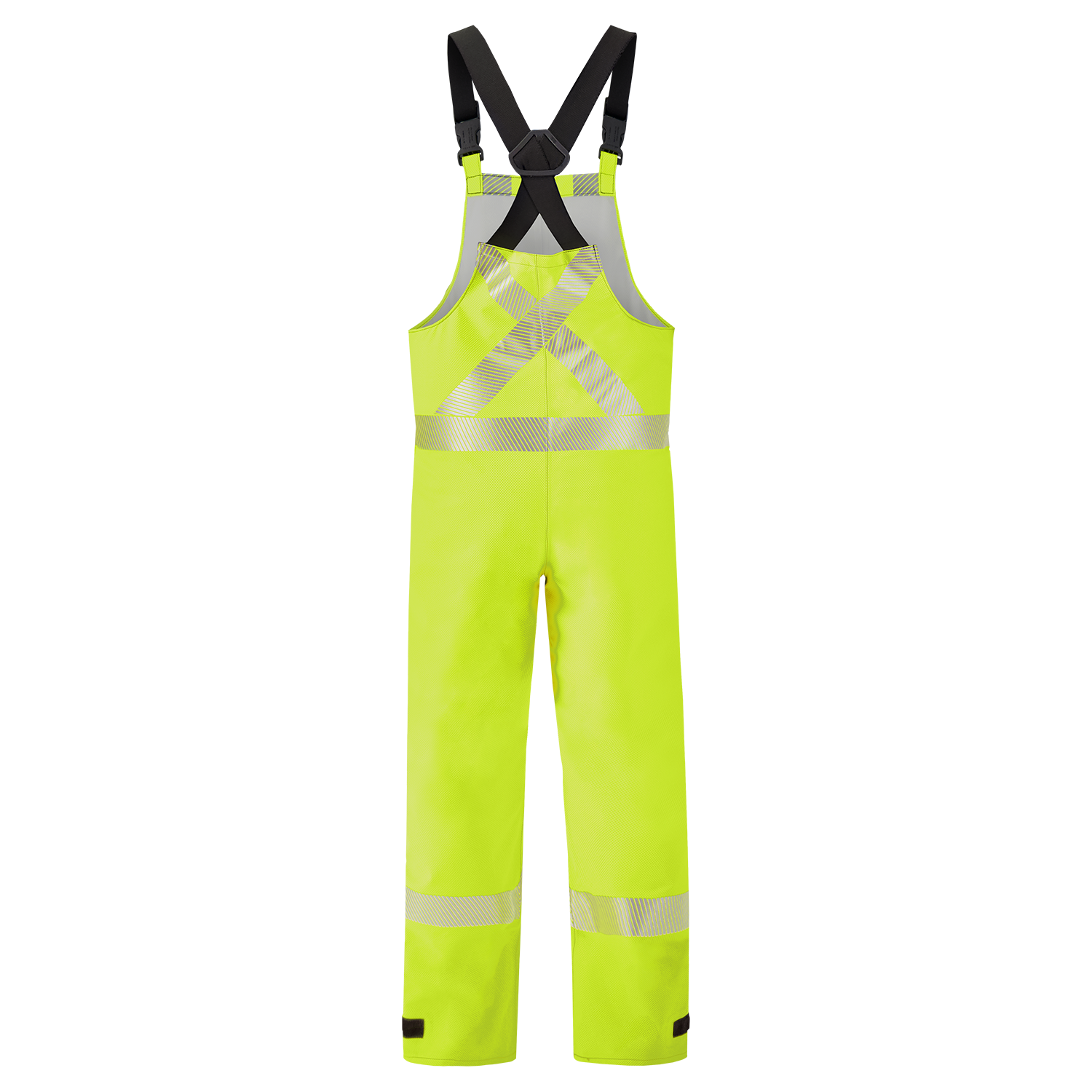 The Lac-Mac Multi-Haz Protective Overall 706ZABJ offers hi-vis yellow design with reflective stripes and black adjustable suspenders, certified to NFPA 1990 for flammable liquid chemical splash protection.