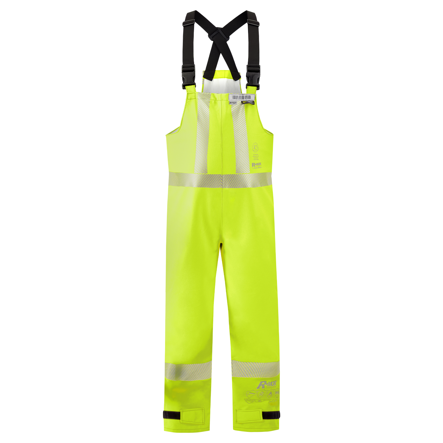 The Lac-Mac Multi-Haz Protective Overall (706ZABJ) offers high-visibility waterproof GORE-TEX PYRAD fabric, reflective strips, black suspenders, adjustable ankle cuffs, and protects against flammable liquid chemical hazards.