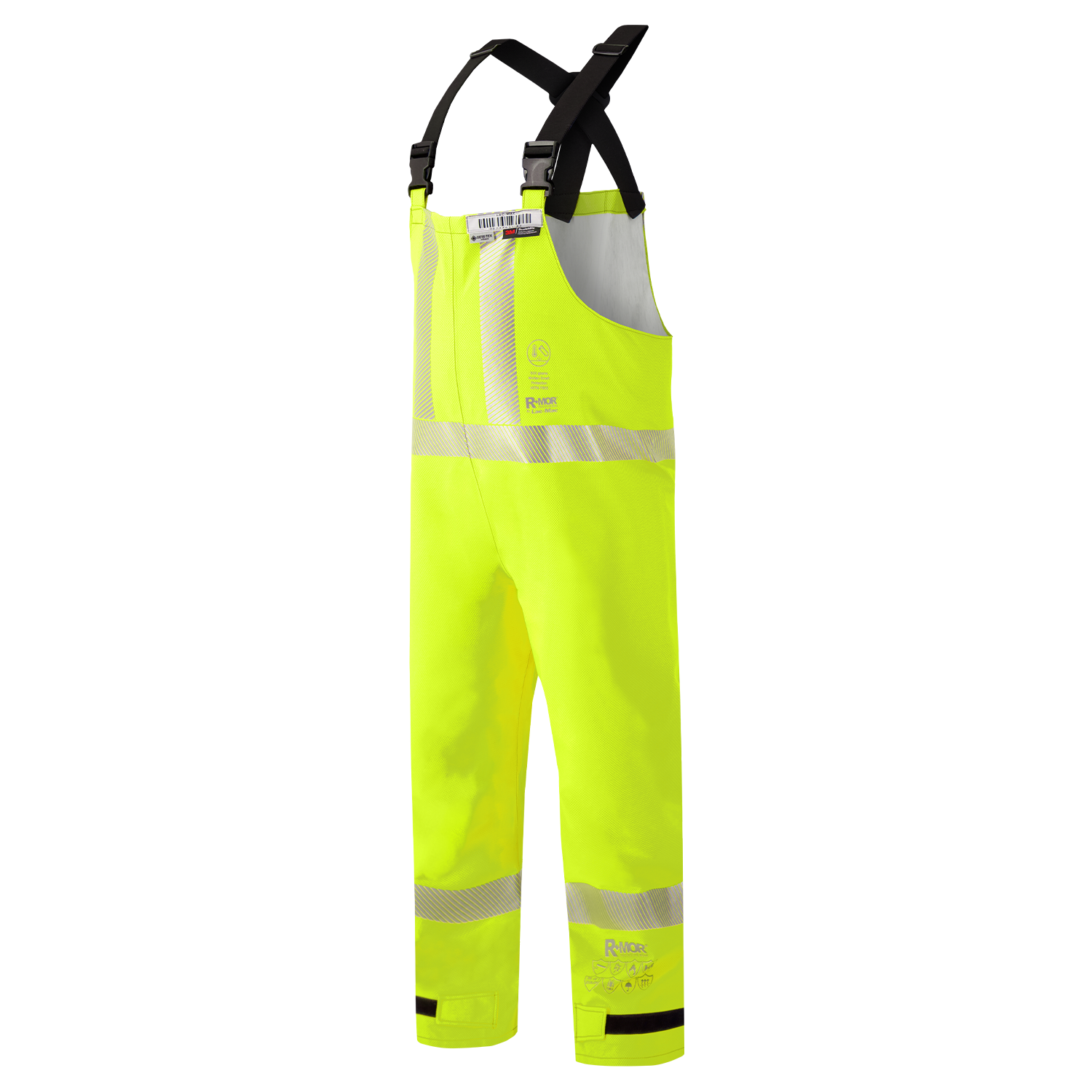 The Lac-Mac Multi-Haz Protective Overall (706ZABJ) for flammable liquid chemical hazards is waterproof, high-visibility yellow with reflective strips, black adjustable shoulder straps, and a front chest pocket, shown on a white background.