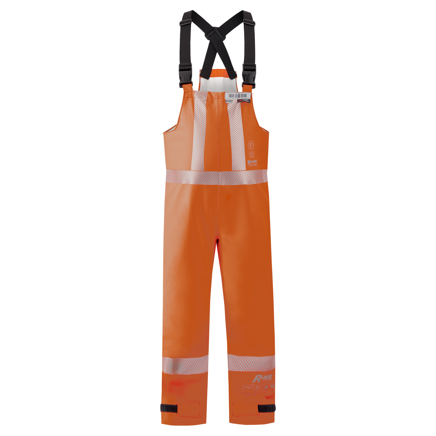 The Lac-Mac Multi-Haz Protective Overall 706ZABJ, designed for flammable liquid chemical hazards, features orange material, white reflective stripes, black adjustable straps, and front buckles; shown against a white background.