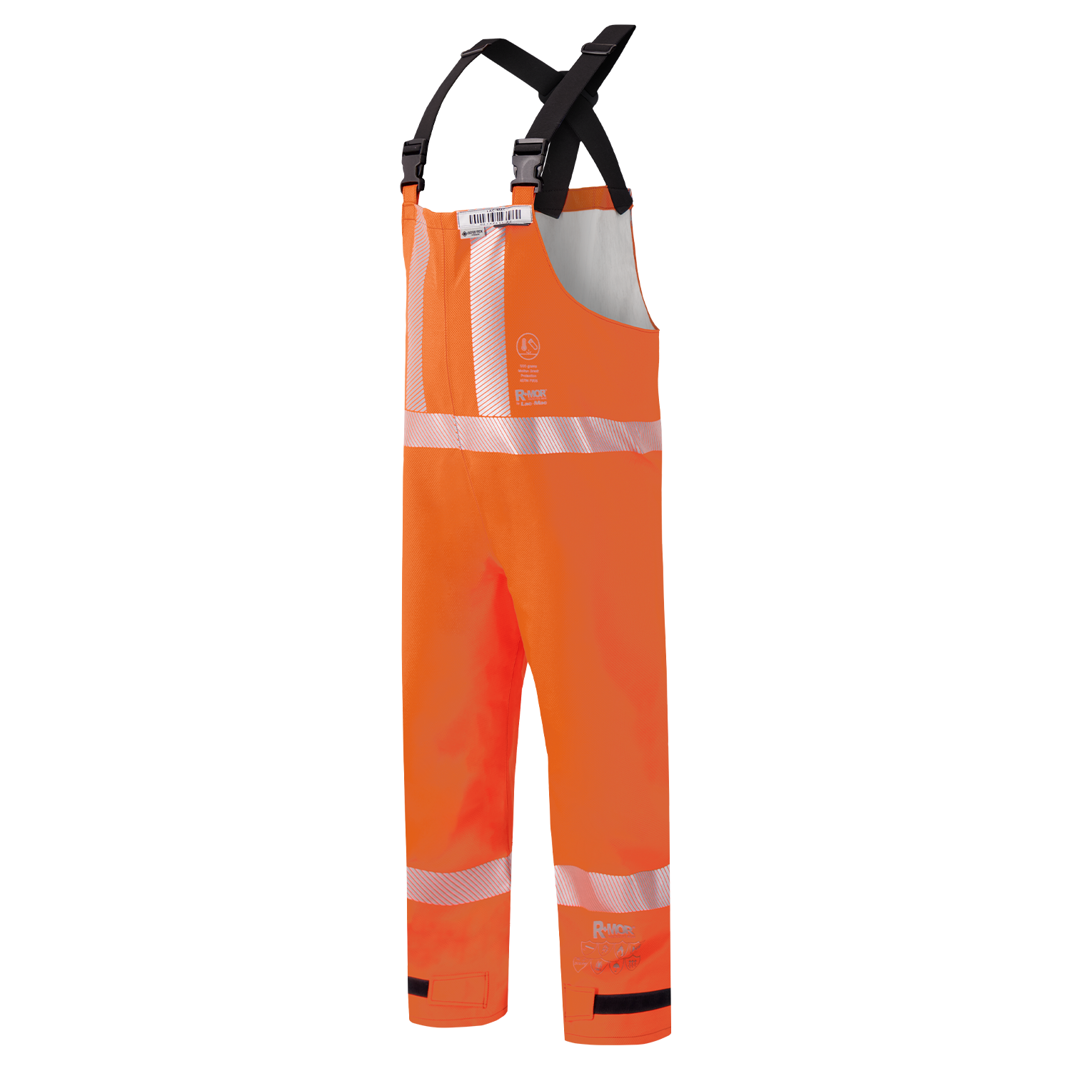 The Lac-Mac Multi-Haz Protective Overall 706ZABJ offers protection against flammable liquid chemical hazards, featuring high-visibility orange GORE-TEX PYRAD, reflective white stripes, and black adjustable suspenders for worksite safety.