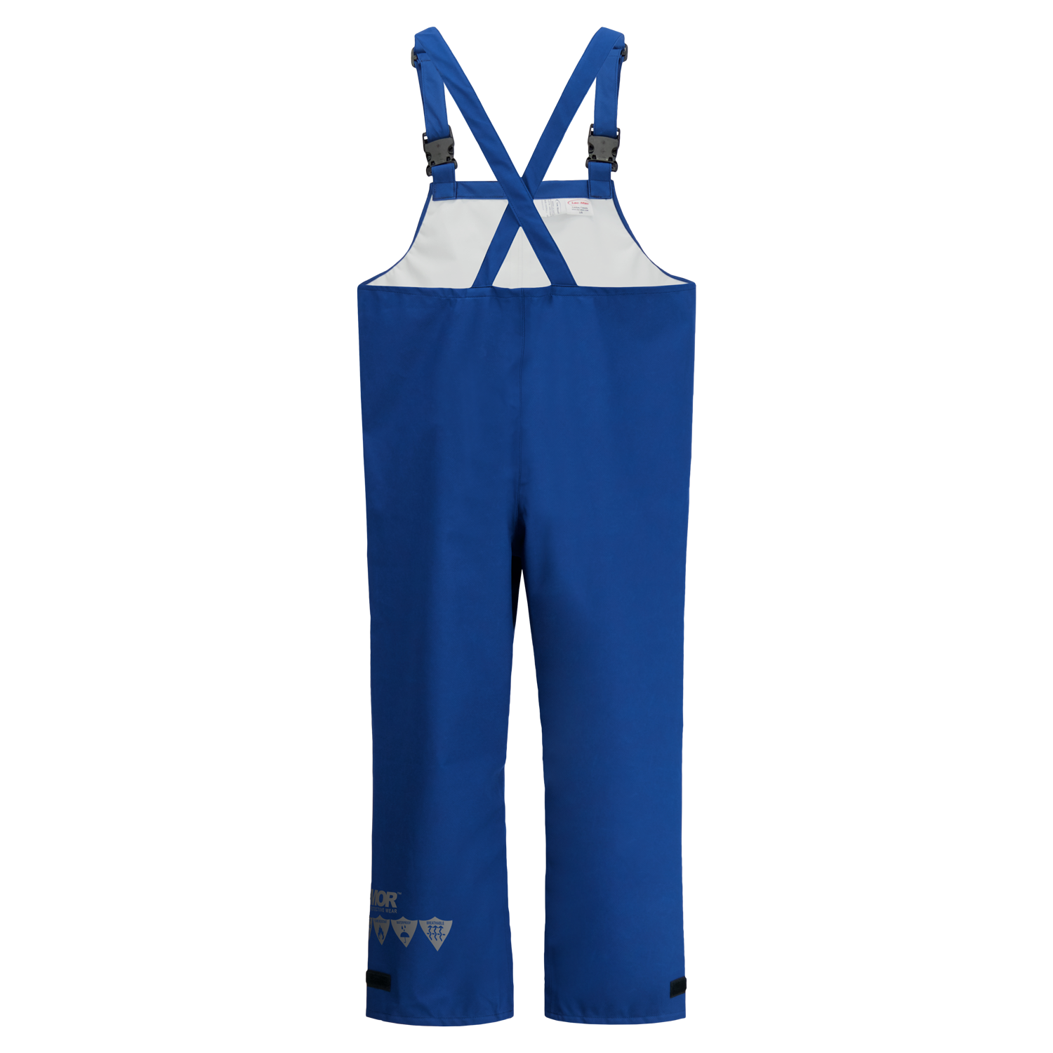 Blue waterproof Multi-Haz Protective Overall, for flammable liquid chemical hazards, 706ZA with adjustable shoulder straps and reinforced knee patches, crafted from FR ARC-Flash Rated GORE-TEX PYRAD Fabric by Lac-Mac, Limited, on a white background.