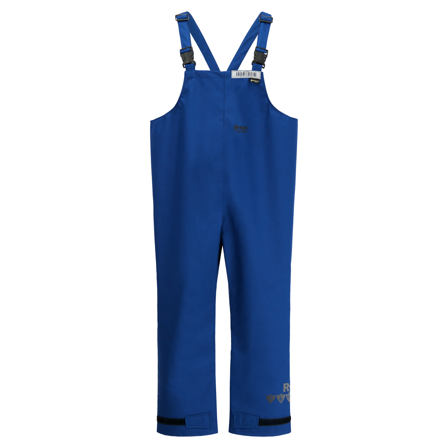 A pair of Lac-Mac, Limited Multi-Haz Protective Overall, for flammable liquid chemical hazards, 706ZA in blue with adjustable shoulder straps and buckles, featuring a logo on the chest and made from GORE-TEX PYRAD Fabric.