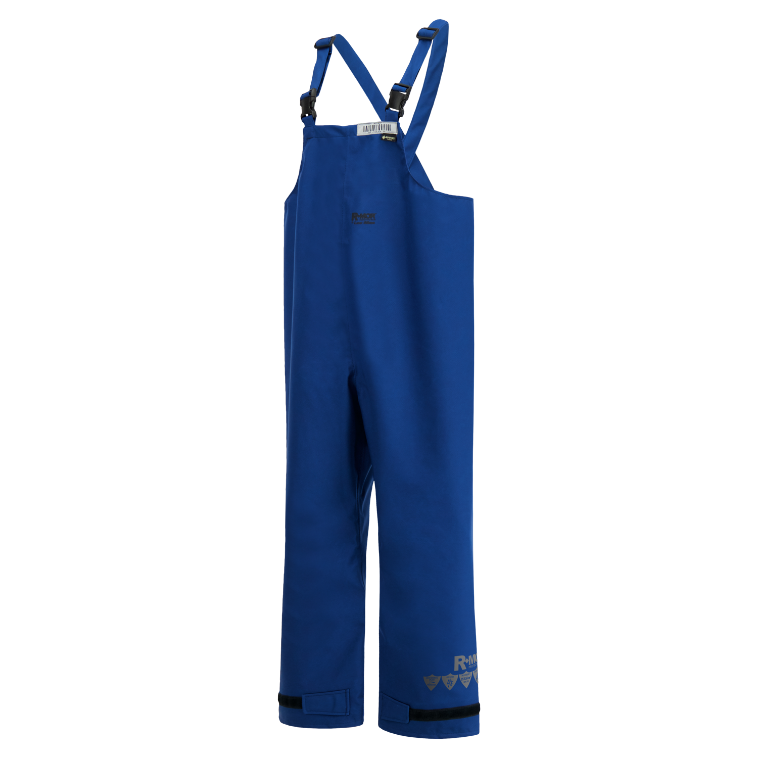 A pair of blue waterproof Multi-Haz Protective Overalls, for flammable liquid chemical hazards, 706ZA by Lac-Mac, Limited featuring adjustable straps, a front logo, reinforced knees, and crafted from GORE-TEX PYRAD Fabric for added protection.