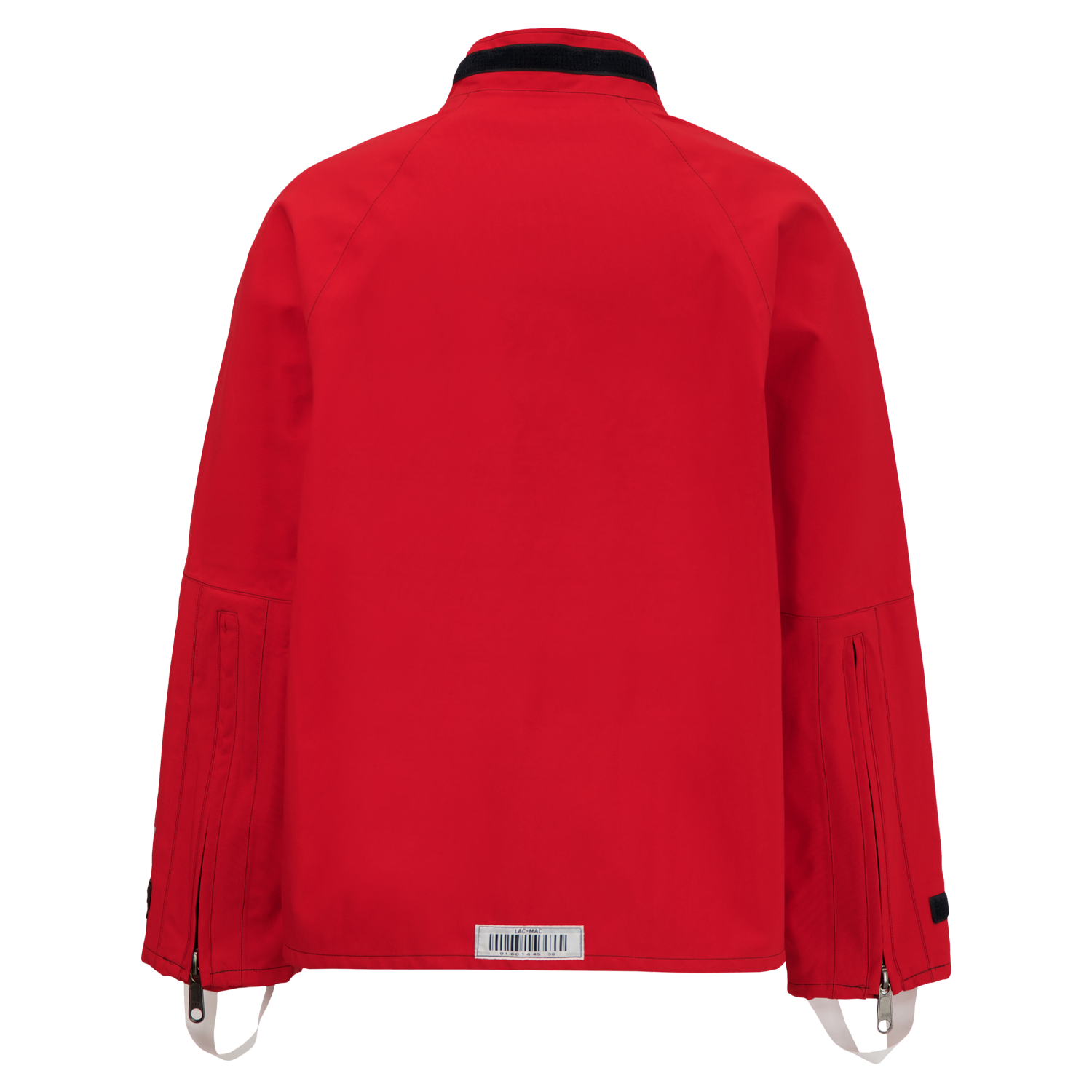 A Chemical Splash Protective Jacket, double sleeve, for non-flammable liquid chemical hazards, 707A-BA viewed from the back, featuring a black collar and utility details including zippers and adjustable straps on the sleeves. Made by Lac-Mac, Limited from NFPA 1990 Certified Material, it includes a white label with a barcode near the bottom hem.