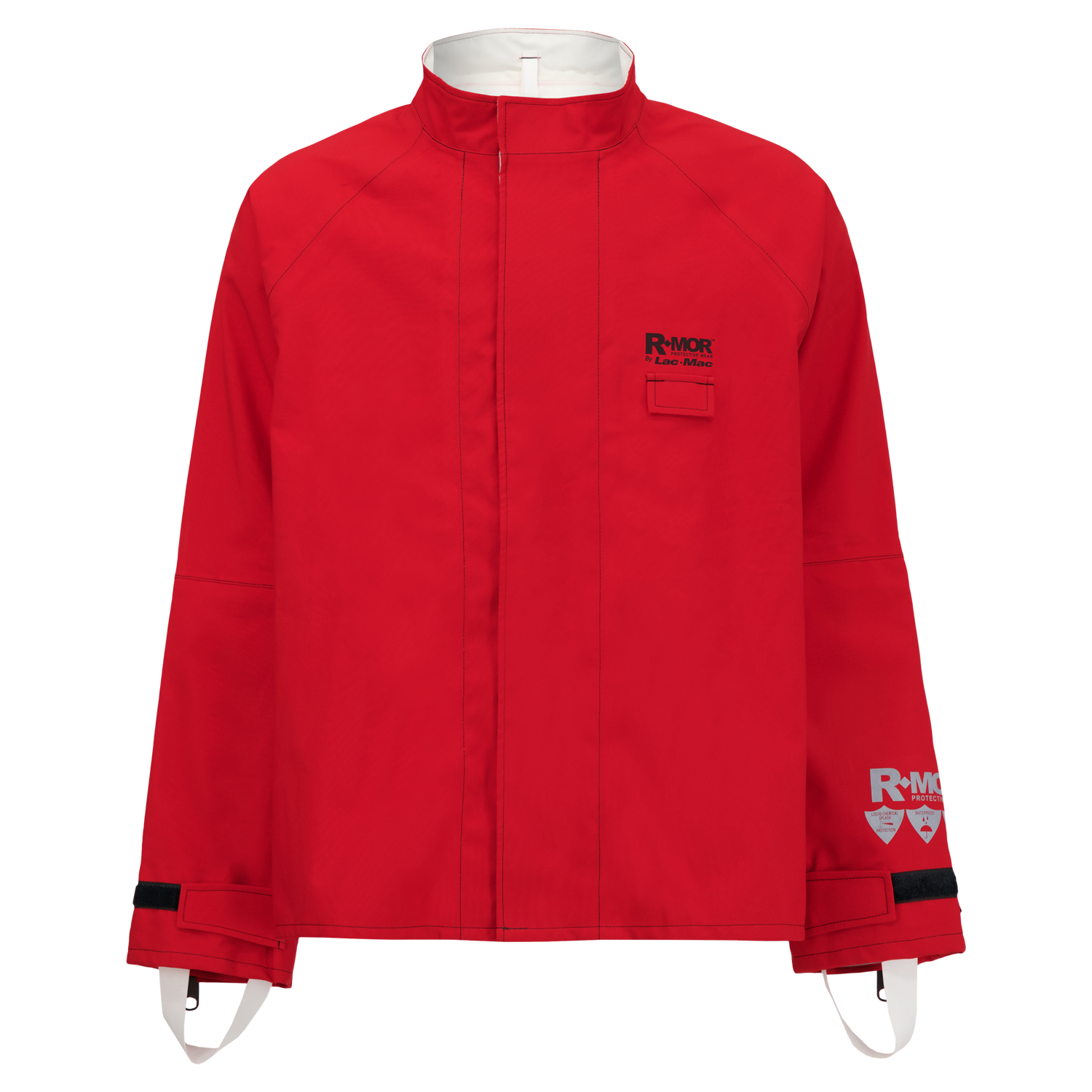 A Chemical Splash Protective Jacket, double sleeve, for non-flammable liquid chemical hazards, 707A-BA with the Lac-Mac, Limited logo on the chest and sleeve, featuring adjustable cuffs, a front zipper closure, and crafted from GORE-TEX® NFPA 1990 Certified Material for enhanced protection.