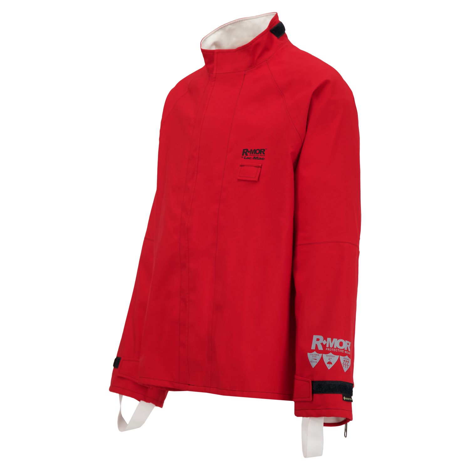 Red waterproof sailing jacket made from NFPA 1990 Certified Material with a high collar, front chest pocket, and white logo on the chest and sleeve. This Lac-Mac, Limited Chemical Splash Protective Jacket, double sleeve, for non-flammable liquid chemical hazards, 707A-BA features adjustable cuffs and multiple patches on the sleeve for enhanced performance.