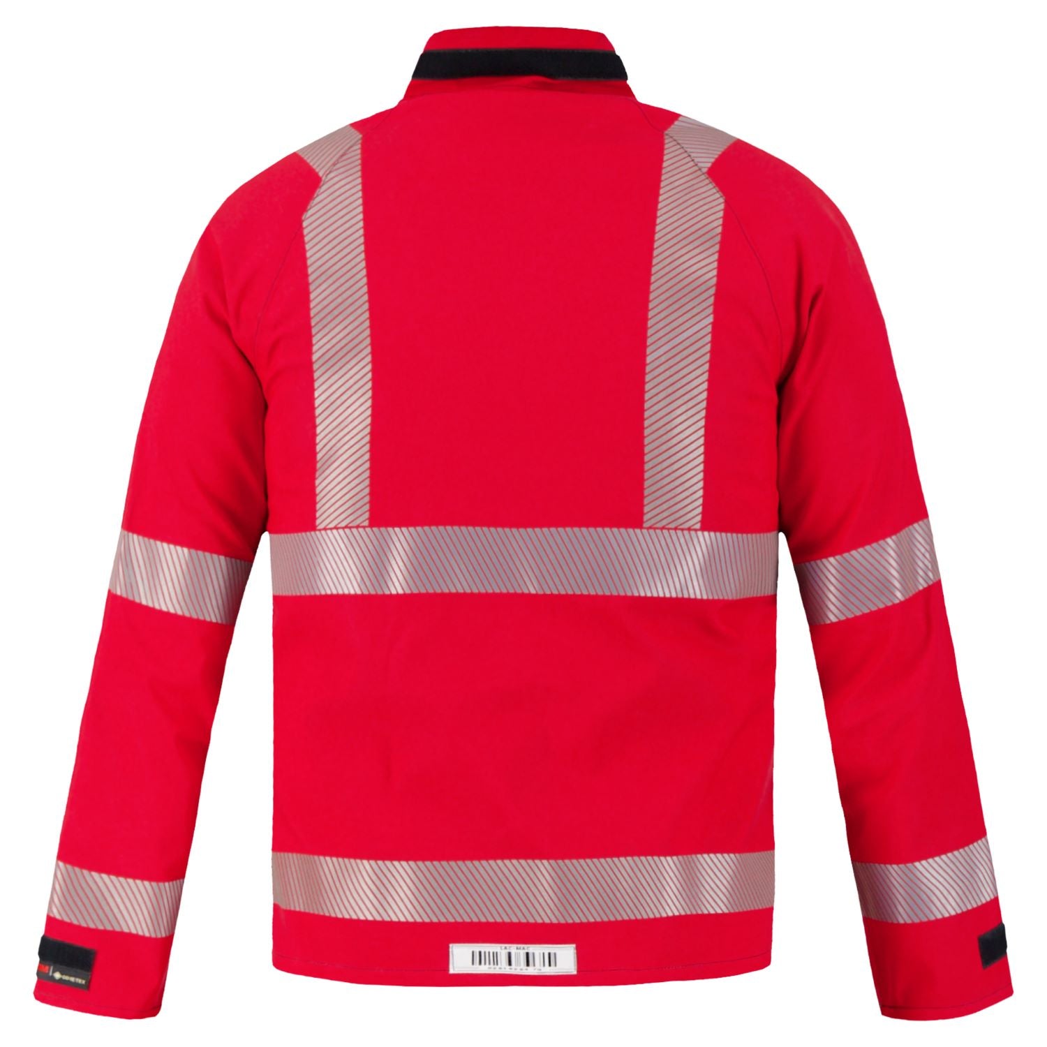 Back view of a red high-visibility Chemical Splash Protective Jacket with US Reflective Markings, for non-flammable liquid chemical hazards, 707A-BH featuring reflective strips on the shoulders and waistband, crafted with durable GORE-TEX Fabric from Lac-Mac, Limited.
