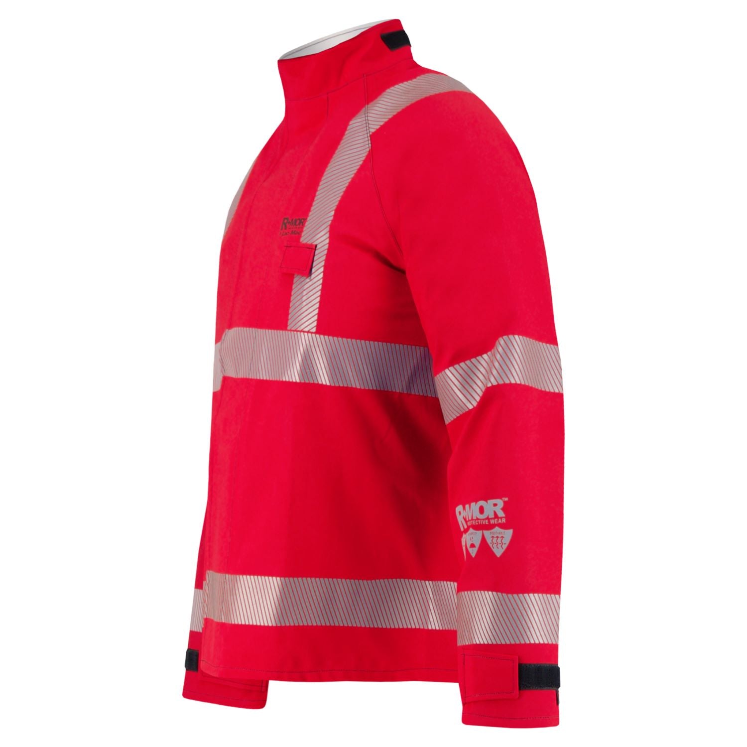 A long-sleeve red safety jacket with reflective strips on the body, arms, and shoulders, featuring Velcro straps on the cuffs and a zipper closure on the front. This Lac-Mac Limited Chemical Splash Protective Jacket with US Reflective Markings, for non-flammable liquid chemical hazards, 707A-BH is crafted from durable GORE-TEX fabric for maximum protection.