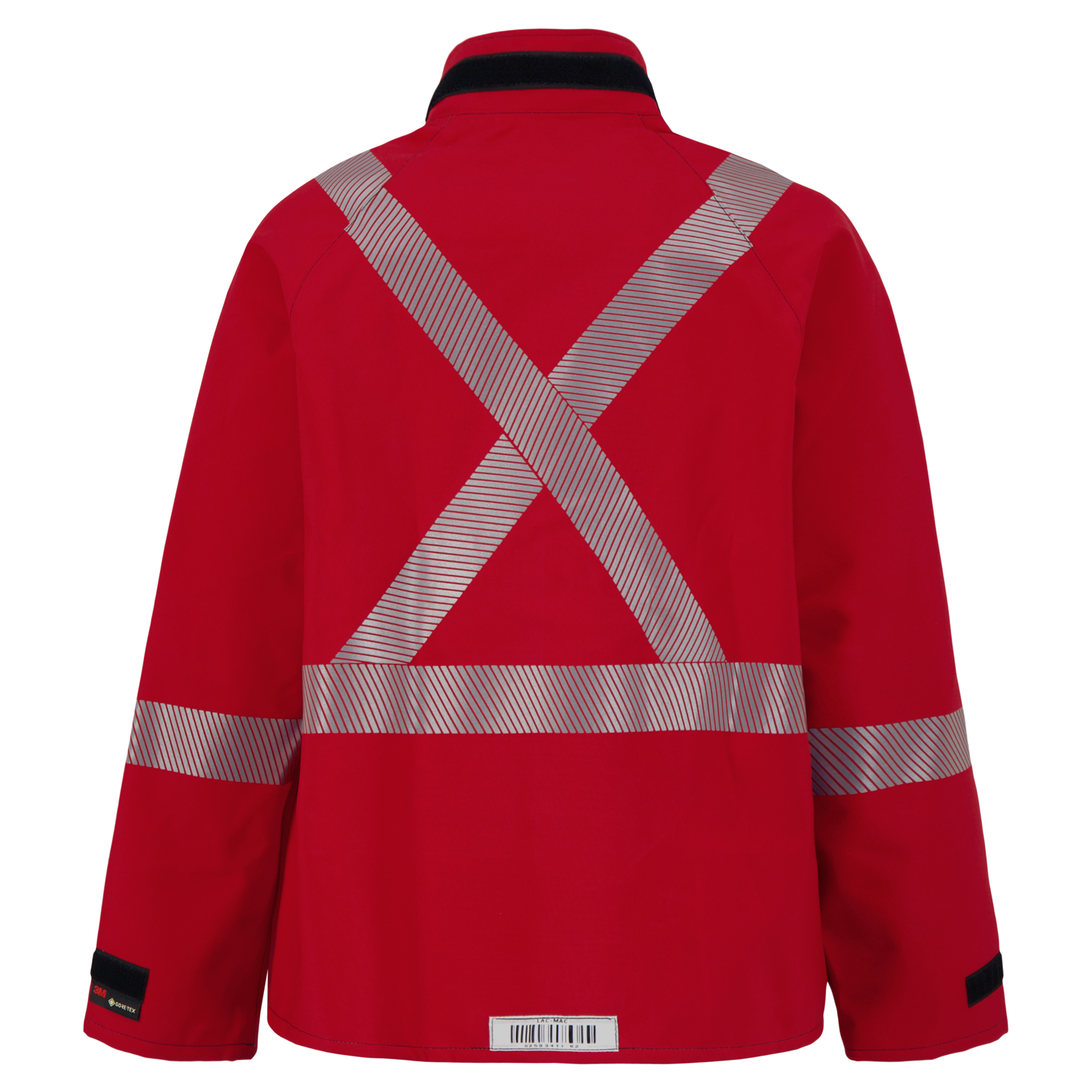 A red Chemical Splash Protective Jacket with Canadian Reflective Markings, for non-flammable liquid chemical hazards, 707A-BJ made from GORE-TEX Chemical Splash Fabric, featuring reflective silver bands forming an X across the back and horizontal stripes around the sleeves. It's NFPA 1990 Certified for enhanced safety.