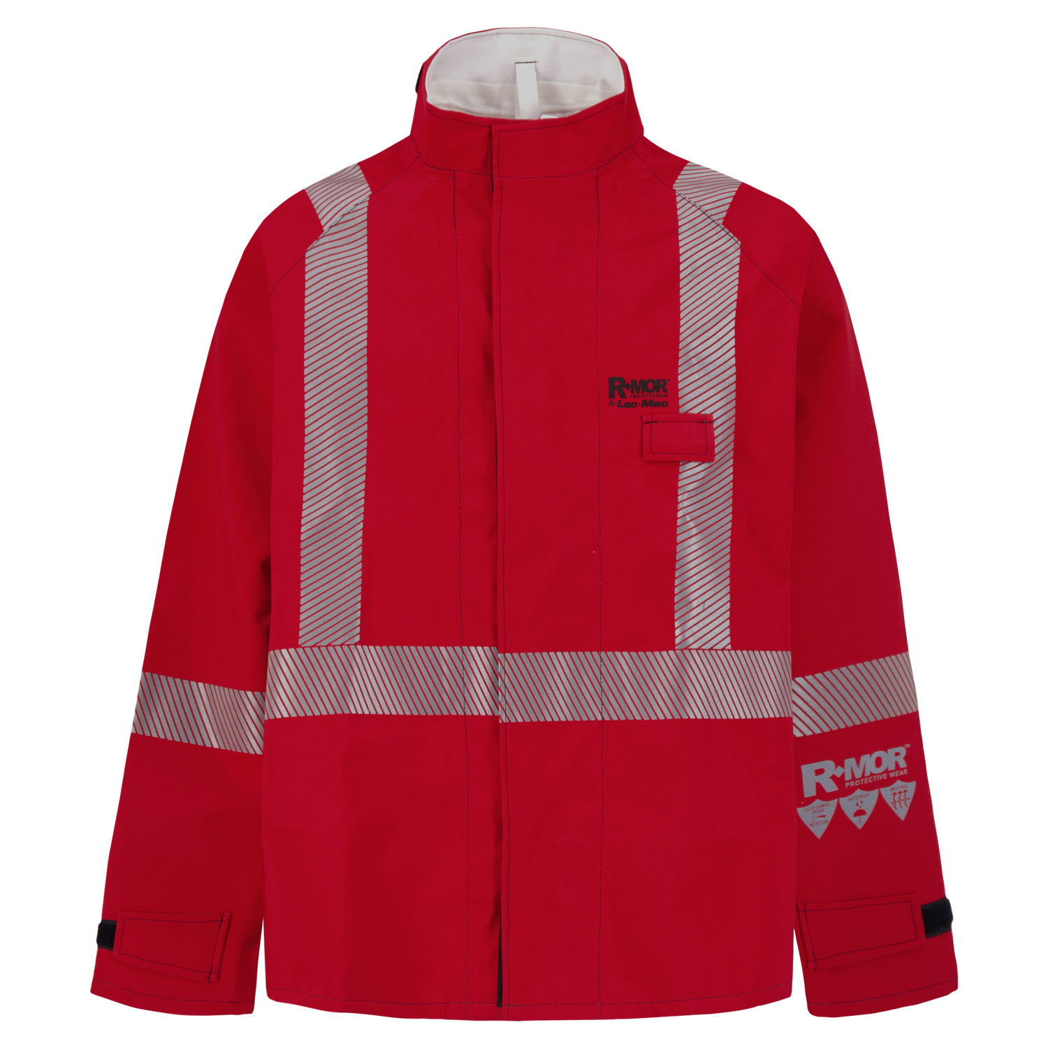 A red Chemical Splash Protective Jacket with Canadian Reflective Markings, for non-flammable liquid chemical hazards, 707A-BJ with reflective stripes and "Lac-Mac, Limited" branding on the chest and sleeve. Featuring GORE-TEX Chemical Splash Fabric, the jacket has a high collar, multiple flap pockets, and is NFPA 1990 Certified.