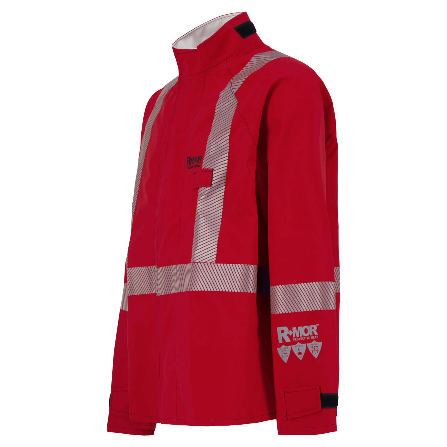 A red Chemical Splash Protective Jacket with Canadian Reflective Markings, for non-flammable liquid chemical hazards, 707A-BJ with reflective strips, high collar, and Velcro closures on the sleeves and chest, crafted from GORE-TEX Chemical Splash Fabric for enhanced protection by Lac-Mac, Limited.