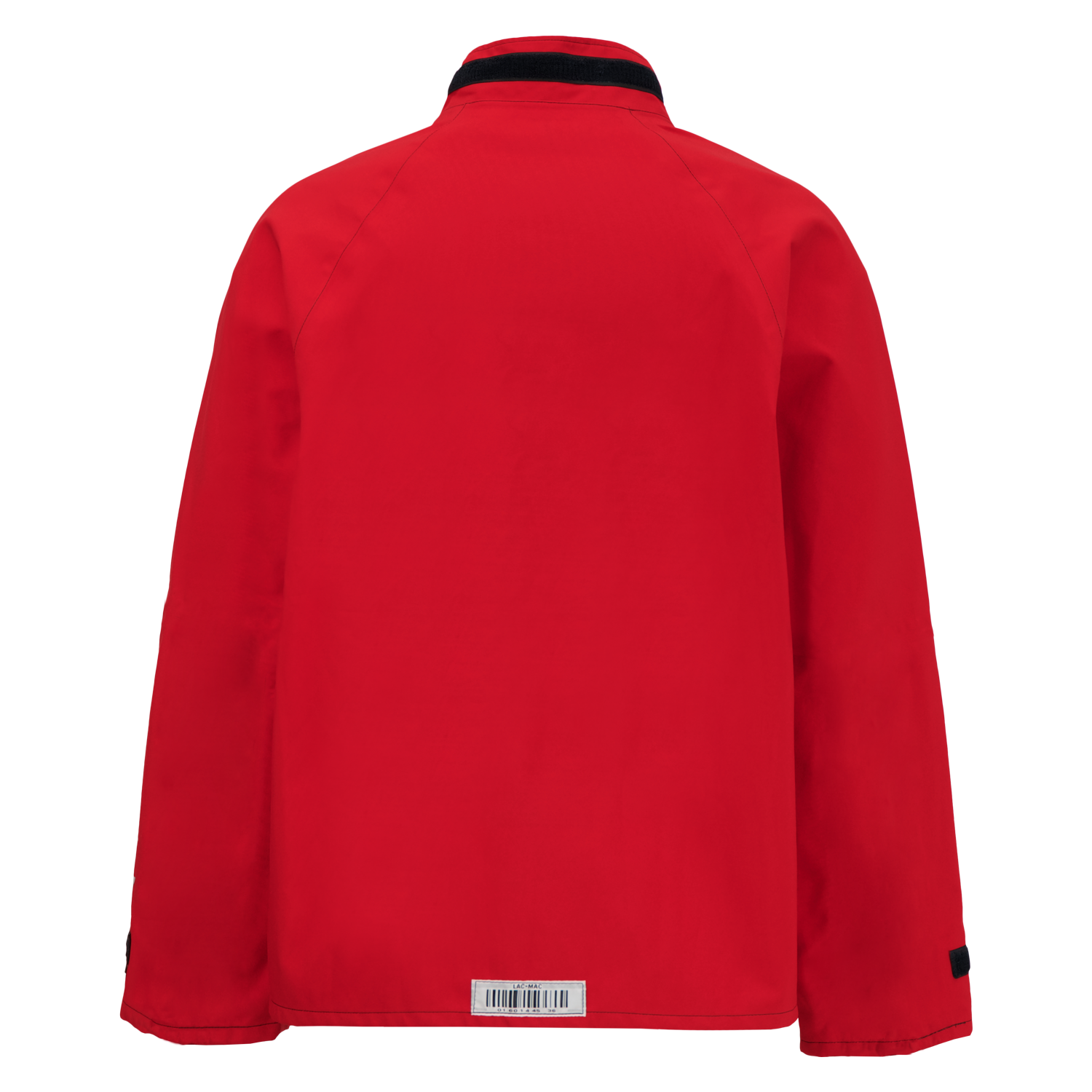 A long-sleeve red jacket with a black collar and black accents on the sleeve cuffs. Crafted from GORE-TEX Chemical Splash Fabric, it ensures safety and style. The back features a barcode label near the bottom hem. This is the Chemical Splash Protective Jacket, for non-flammable liquid chemical hazards, 707A by Lac-Mac, Limited.