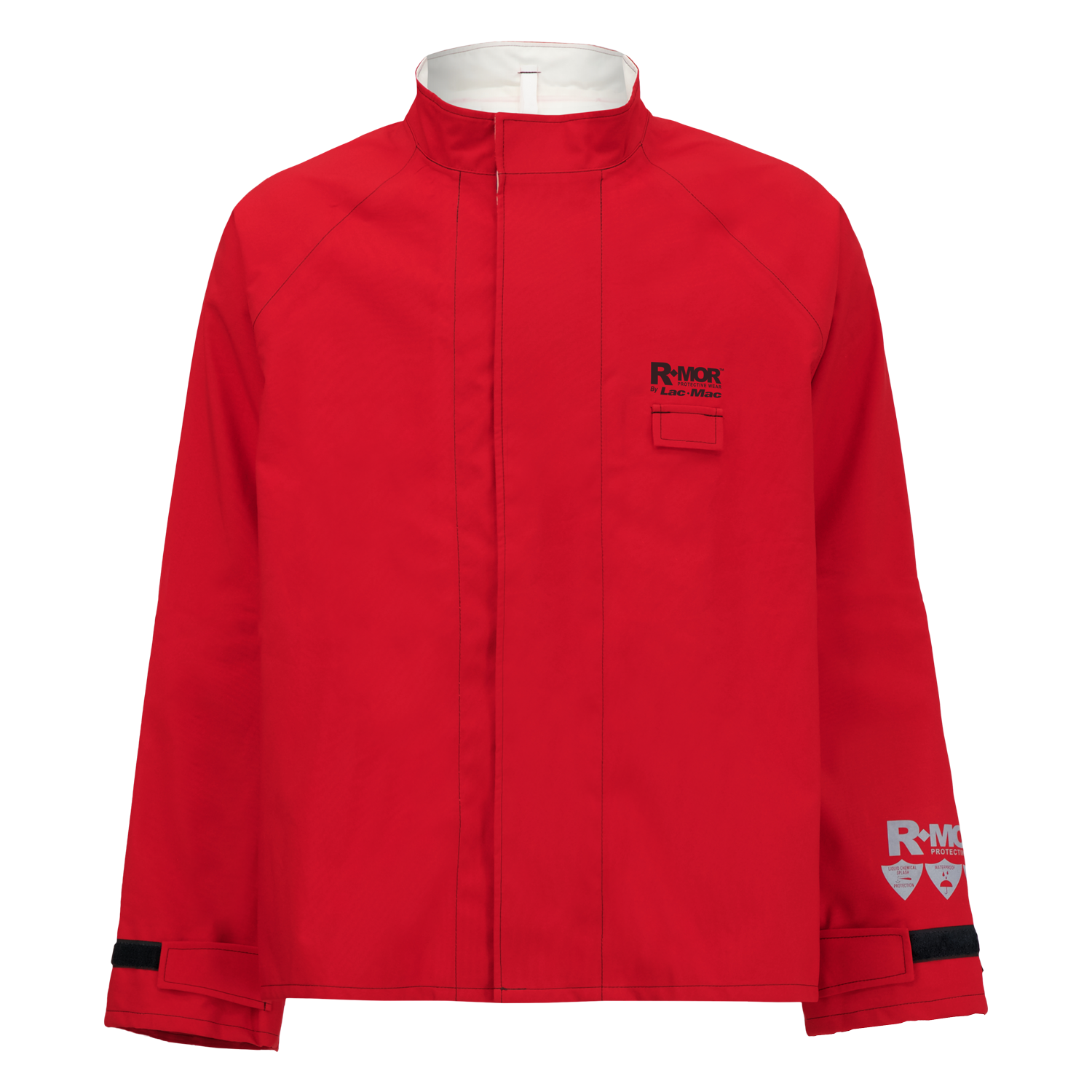 Red Lac-Mac, Limited Chemical Splash Protective Jacket, for non-flammable liquid chemical hazards, 707A with a high collar and black accents on the cuffs. Crafted from GORE-TEX Chemical Splash Fabric, it features the "R-MOR" logo printed in black on the left chest and left sleeve.