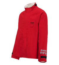 The Lac-Mac 707A jacket features a high collar and is crafted for non-flammable chemical hazard protection. Adorned with logos on the chest and sleeve, it includes black and white details, a small chest pocket, and GORE-TEX fabric for durability.