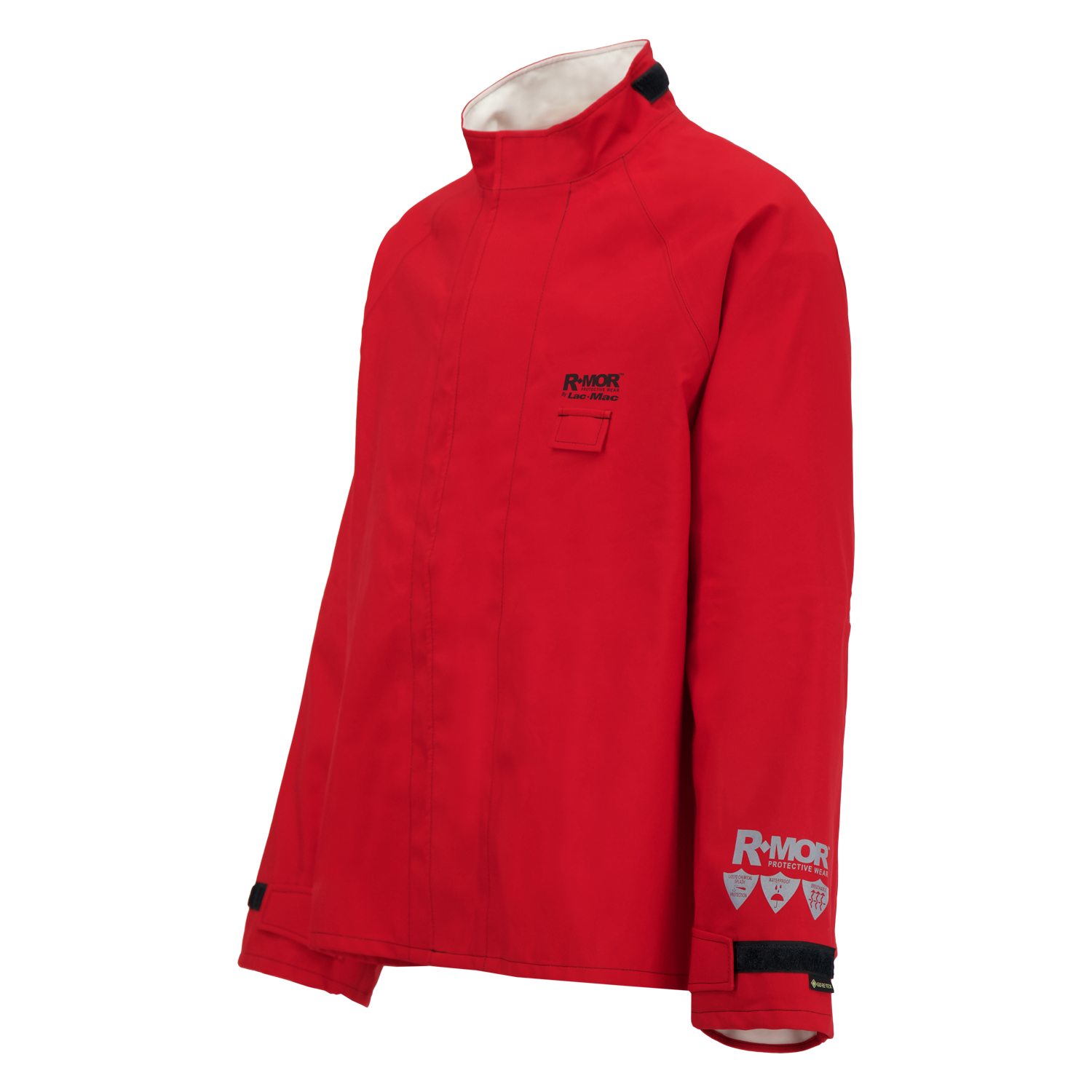 The Lac-Mac 707A jacket features a high collar and is crafted for non-flammable chemical hazard protection. Adorned with logos on the chest and sleeve, it includes black and white details, a small chest pocket, and GORE-TEX fabric for durability.