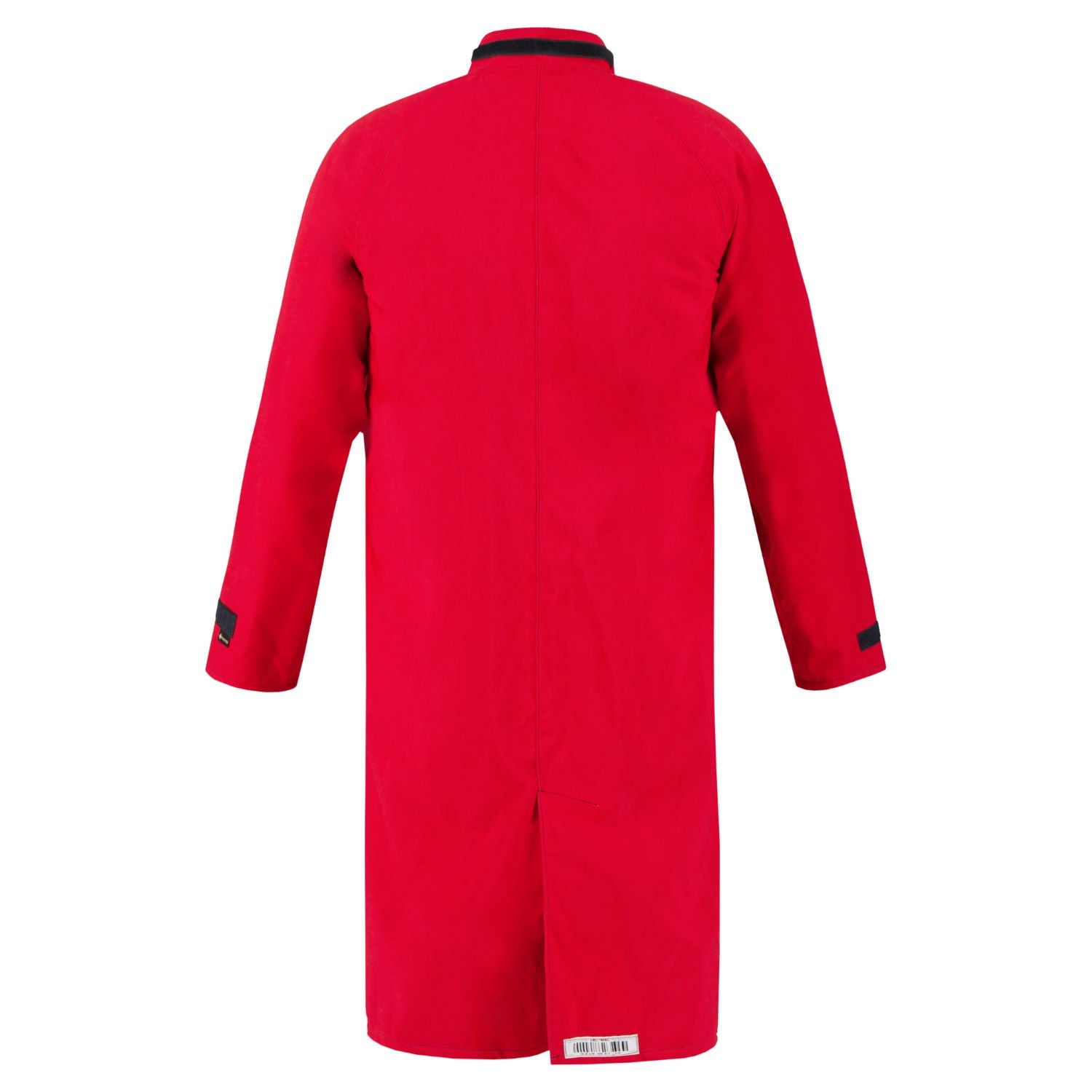 Back view of a long red *Chemical Splash Protective Duster Coat, for non-flammable liquid chemical hazards, 707D* with long sleeves and a black collar detail, made from GORE-TEX Chemical Splash Fabric by Lac-Mac, Limited.