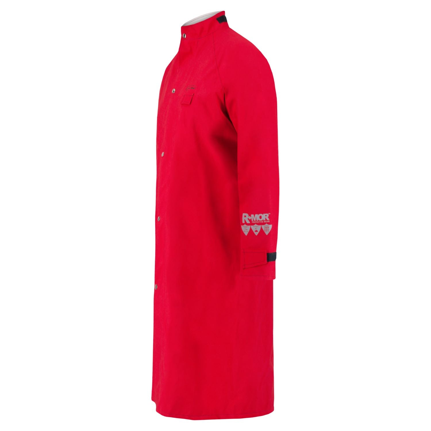 Side view of a long-sleeve red Chemical Splash Protective Duster Coat, for non-flammable liquid chemical hazards, 707D, made with GORE-TEX Chemical Splash Fabric, featuring snap buttons and an embroidered logo on the arm. Produced by Lac-Mac, Limited.