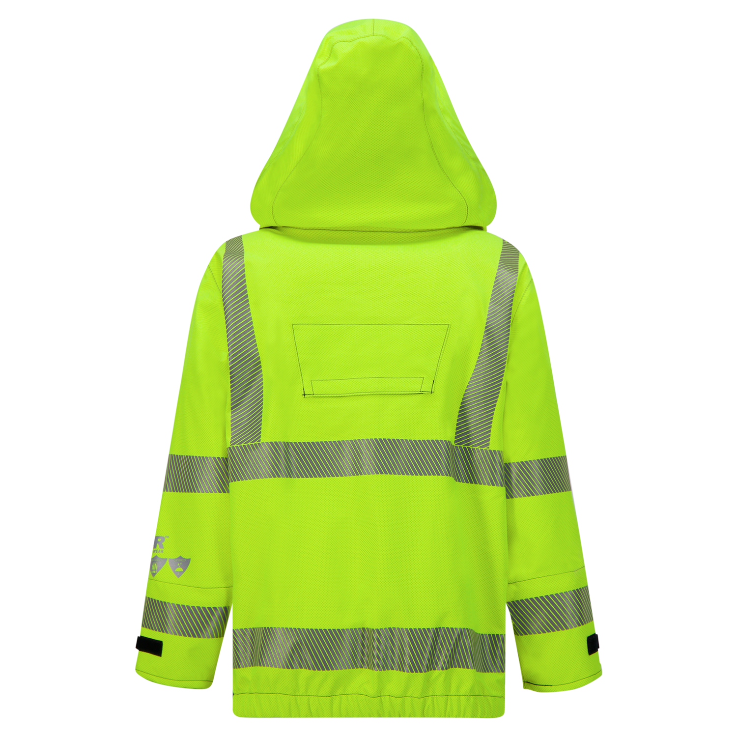 A bright yellow-green high-visibility jacket with reflective silver stripes on the back and sleeves, featuring a hood, a rectangular patch on the rear, and crafted with Gore-Tex Pyrad for enhanced durability is called "Jacket, High-Visibility FR/ARC Rated, US Markings, Regular, 707F-EZ" by Lac-Mac, Limited.