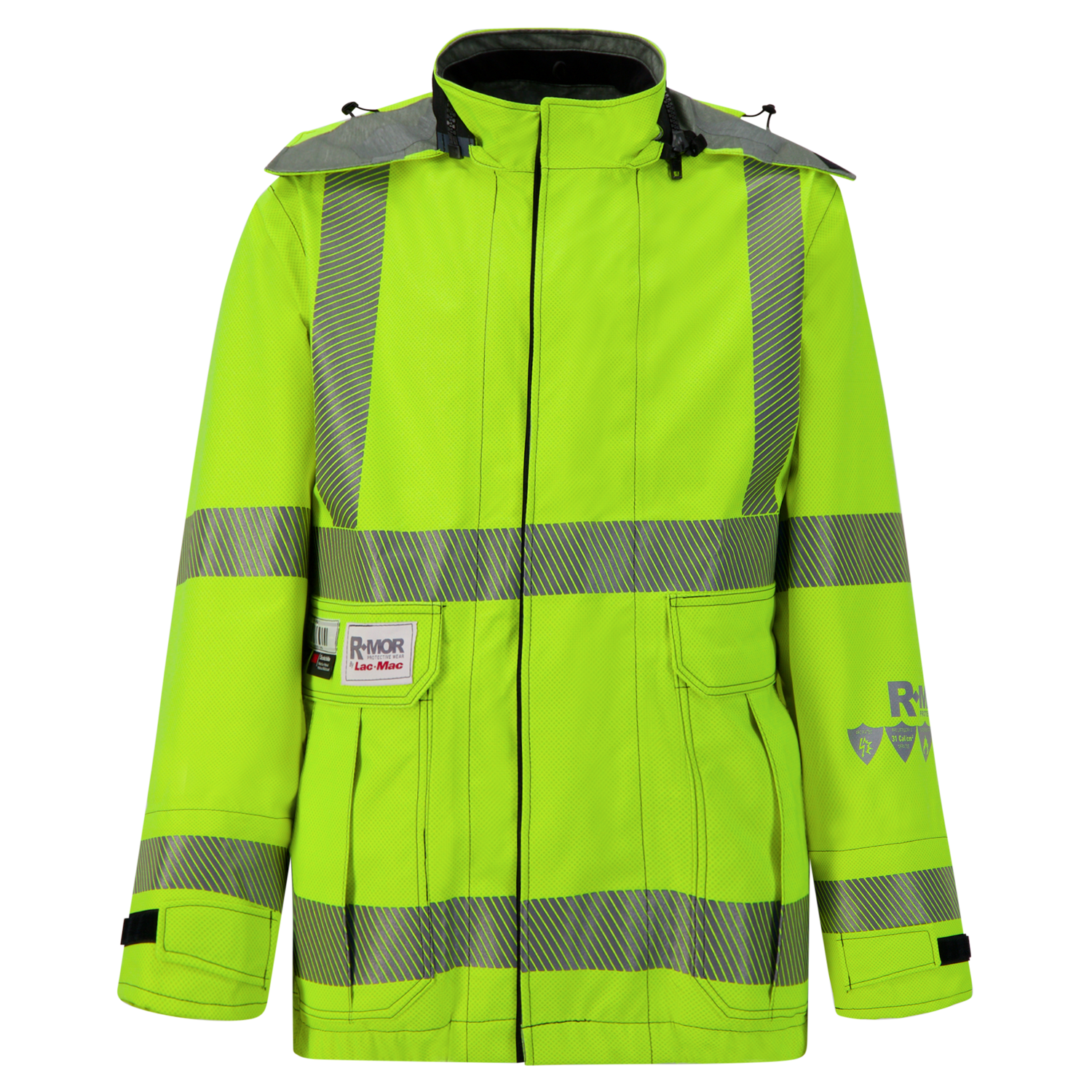 A Lac-Mac, Limited Jacket, High-Visibility FR/ARC Rated, US Markings, Regular, 707F-EZ with reflective gray stripes, front zipper, adjustable cuffs, and several pockets. The PPE Category 3 jacket also features multiple logos on the left chest.