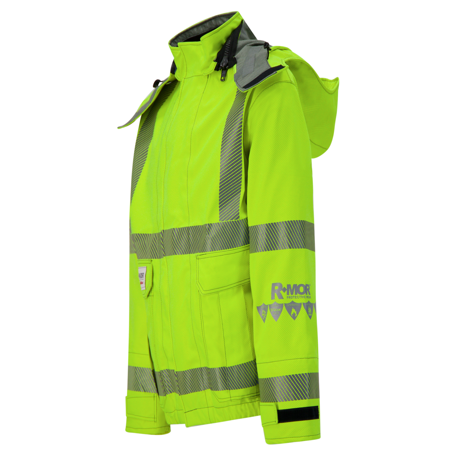 High-visibility neon yellow jacket with silver reflective stripes and a detachable hood. This PPE Category 3, arc-flash rated jacket features multiple pockets and the word "Lac-Mac, Limited" along with triangular symbols on the sleeve. The product name is Jacket, High-Visibility FR/ARC Rated, US Markings, Regular, 707F-EZ.