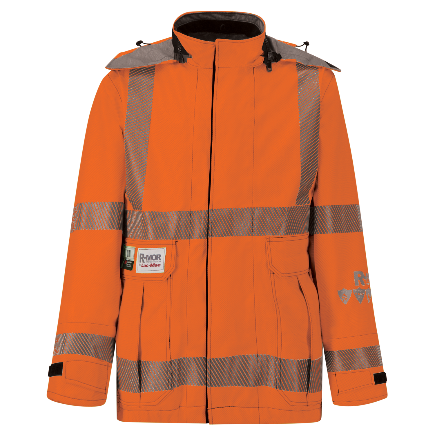 An orange high-visibility safety jacket with reflective stripes, featuring multiple pockets and adjustable cuffs, designed to be ANSI/ISEA 107 compliant has been replaced by the Jacket, High-Visibility FR/ARC Rated, US Markings, Regular, 707F-EZ from Lac-Mac, Limited.
