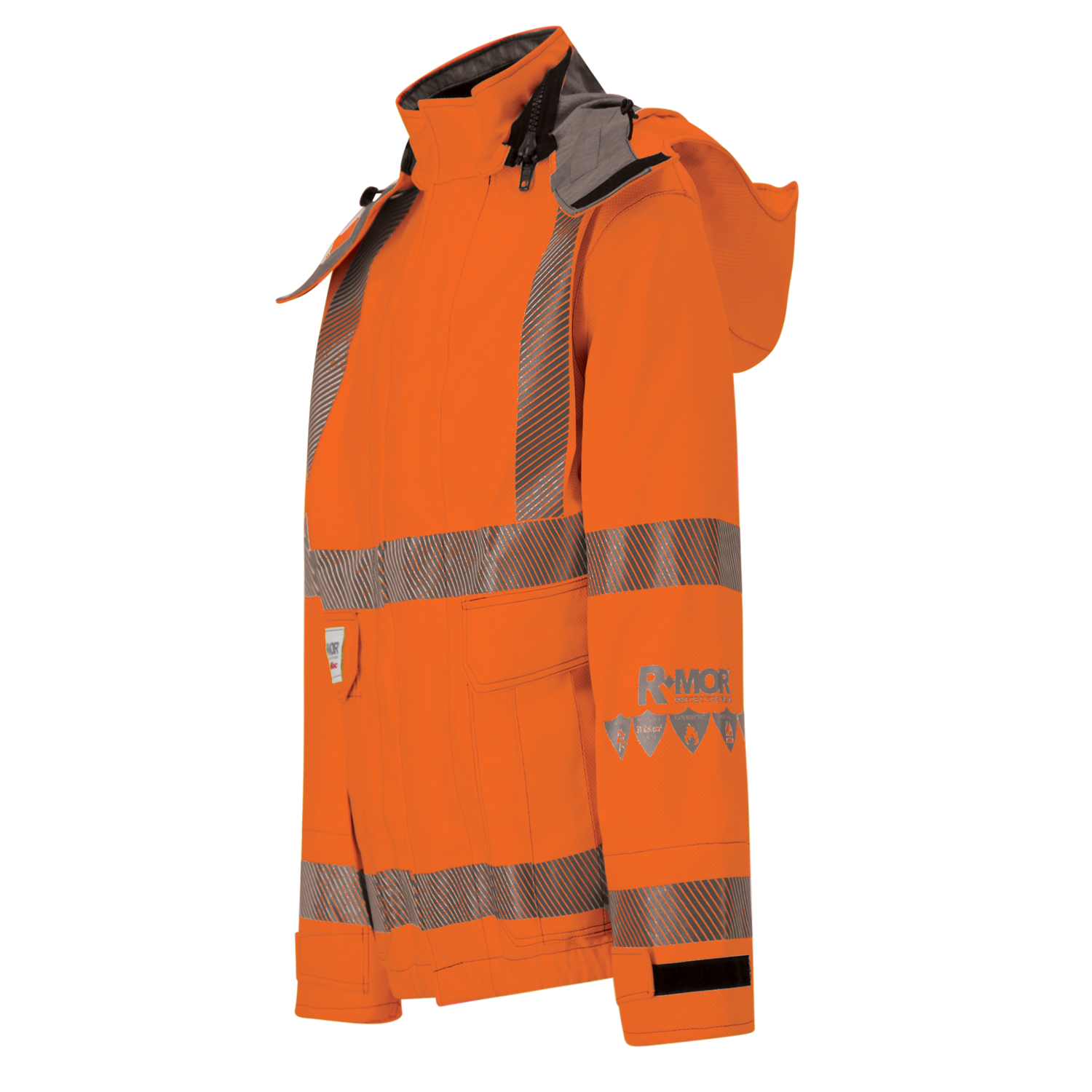 Orange and gray high-visibility safety jacket with reflective stripes, a hood, and is ANSI/ISEA 107 compliant has been replaced by Jacket, High-Visibility FR/ARC Rated, US Markings, Regular, 707F-EZ from Lac-Mac, Limited.