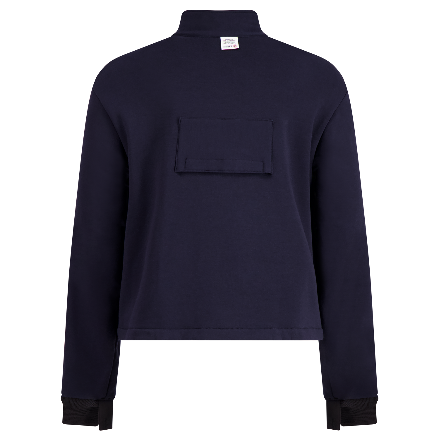 A navy blue long-sleeve shirt, viewed from the back, featuring a collar and a rectangular pocket on the upper back. The lower part of the image shows a white fabric. Ideal as a Lac-Mac, Limited Fleece Jacket Liner, Regular, 707F-FI for added warmth and comfort.