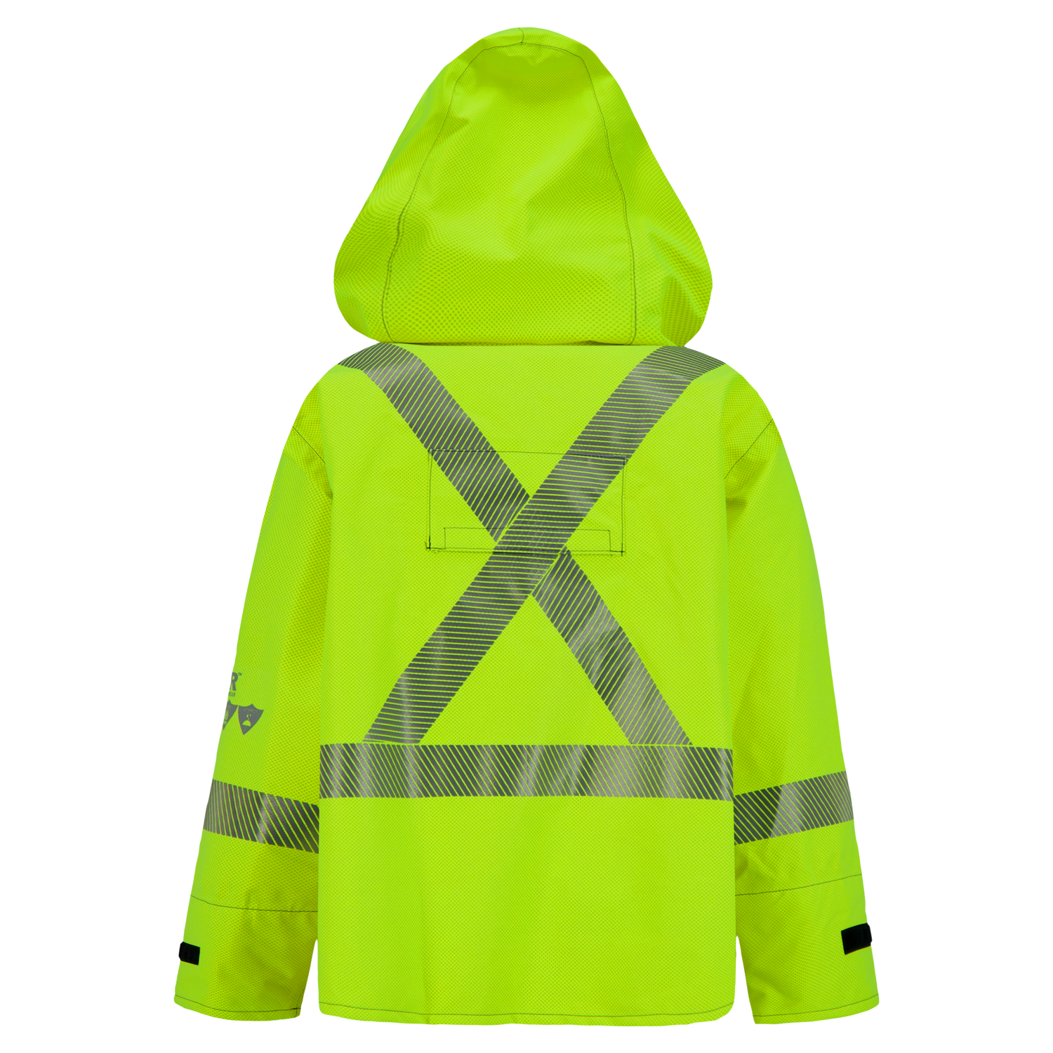 A Lac-Mac, Limited Jacket, High-Visibility FR/ARC Rated, Canadian Markings, Regular, 707F-GK with a bright yellow hood, featuring ARC-Flash rated materials and reflective markings forming an "X" pattern on the back.