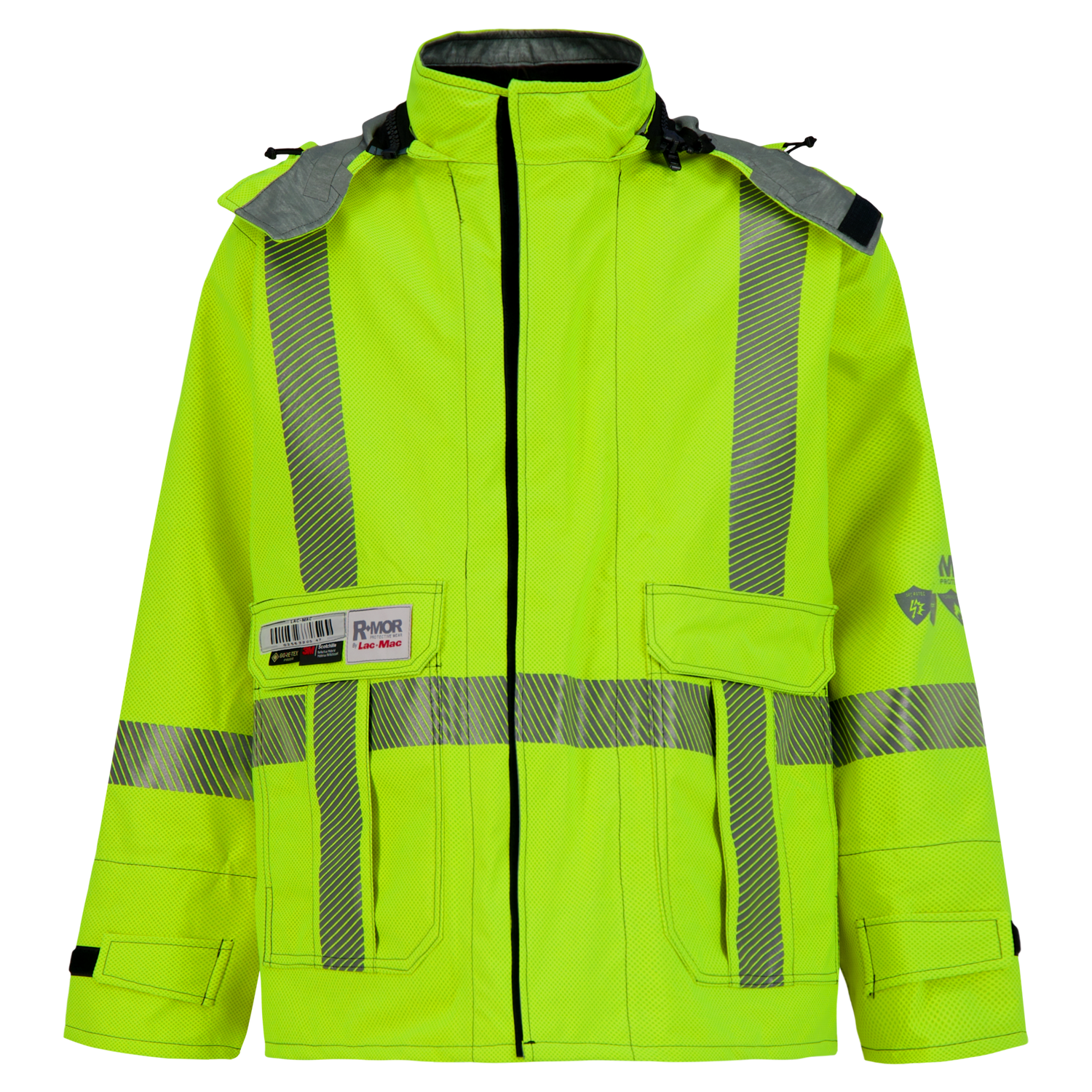 High-visibility lime green safety jacket with reflective stripes, multiple pockets, and tags on the right chest. This Jacket, High-Visibility FR/ARC Rated, Canadian Markings, Regular, 707F-GK from Lac-Mac, Limited is also Arc-Flash Rated for added protection in hazardous environments.