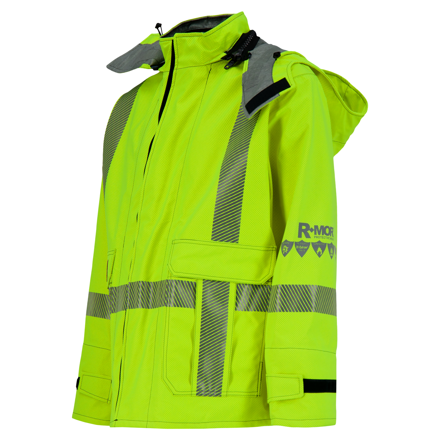 A Jacket, High-Visibility FR/ARC Rated, Canadian Markings, Regular, 707F-GK with reflective strips, multiple pockets, and a hood. This Arc-Flash Rated jacket features "Lac-Mac, Limited" branding on the sleeve for added safety assurance.