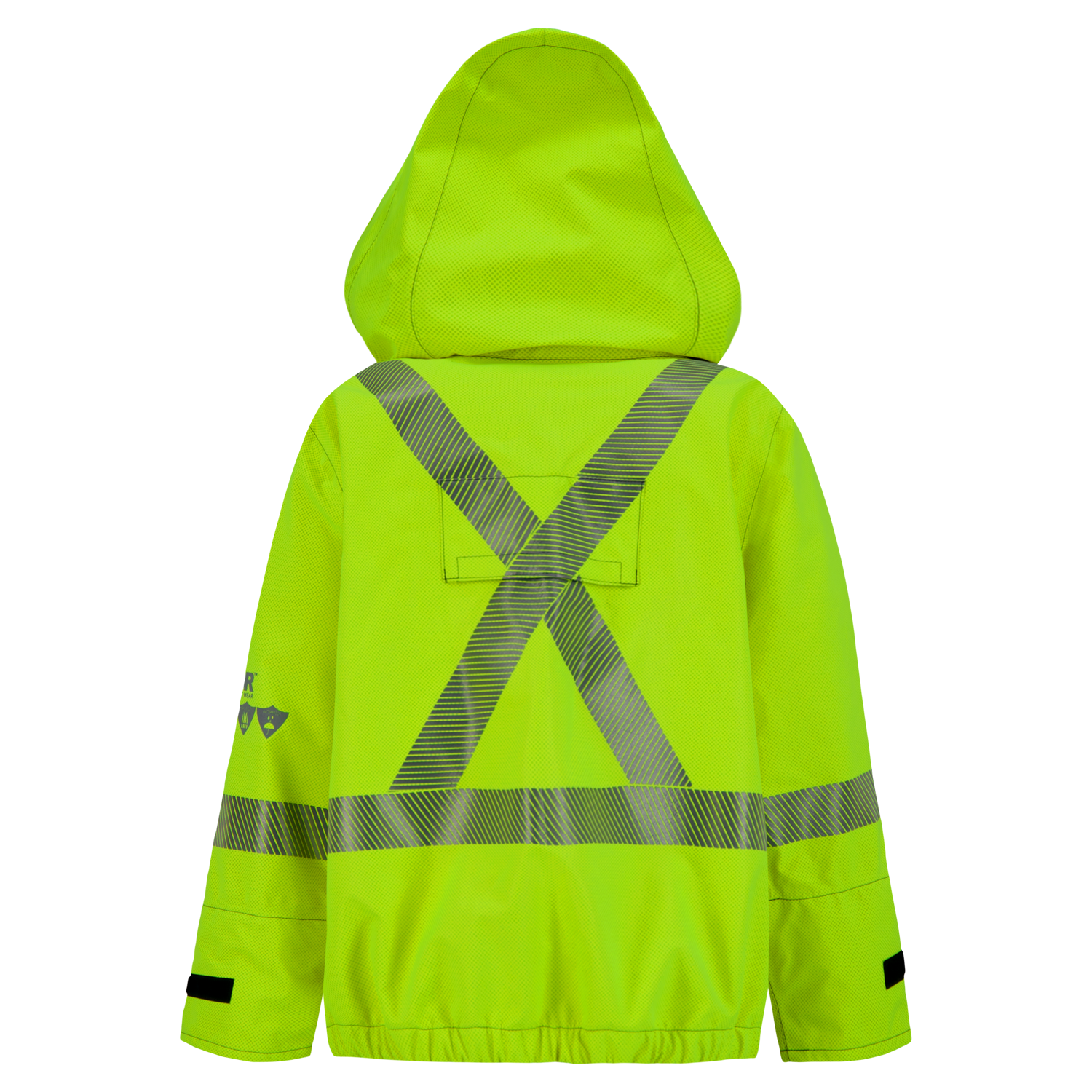 A high-visibility, neon yellow hooded safety jacket featuring reflective strips forming an X pattern on the back, this PPE Category 3 garment is perfect for maintaining safety standards in various work environments. The Lac-Mac, Limited Jacket, High-Visibility FR/ARC Rated, Canadian Markings, Regular, 707F-GM offers excellent protection and visibility for workers.