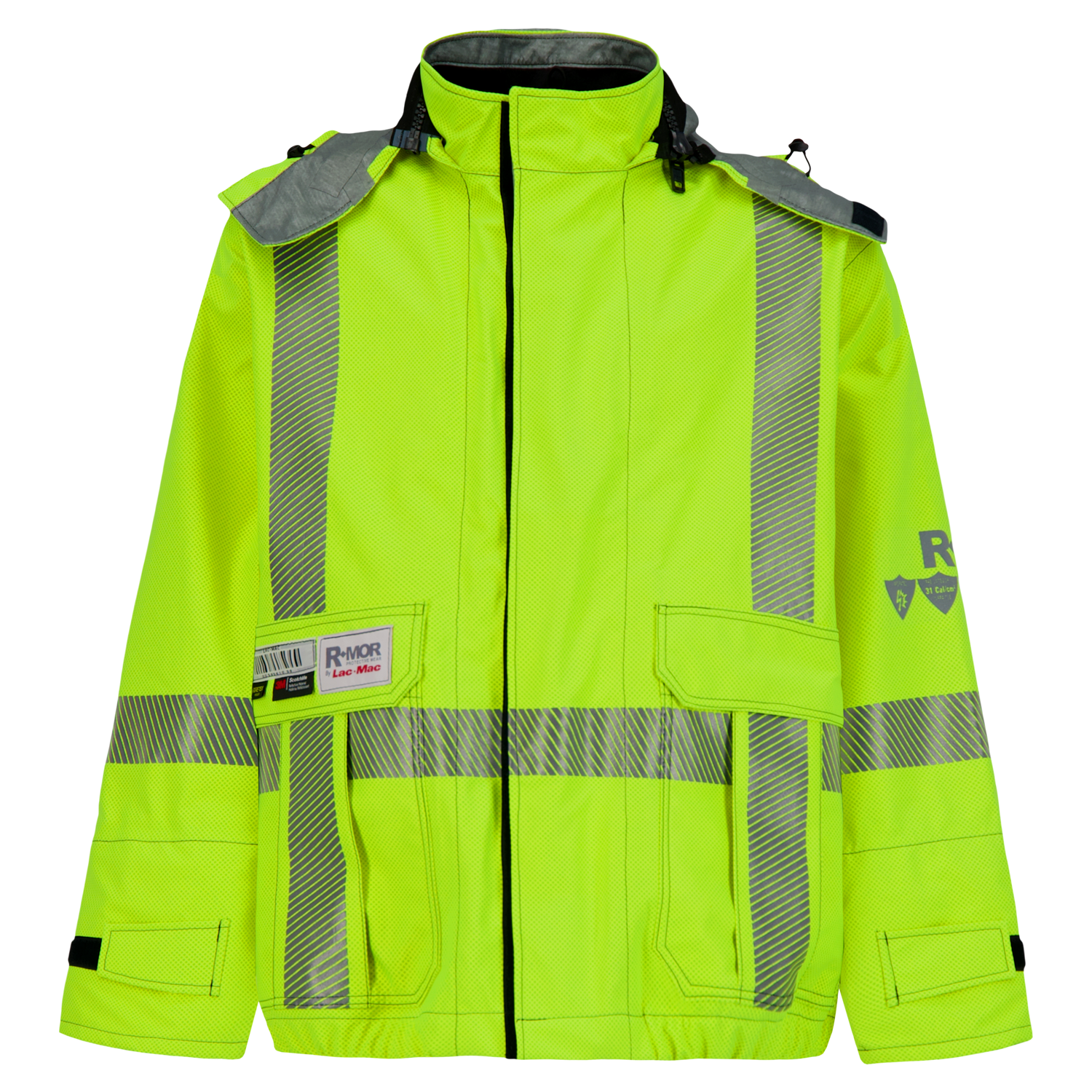 A bright yellow Jacket, High-Visibility FR/ARC Rated, Canadian Markings, Regular, 707F-GM with reflective stripes, zipper closure, multiple pockets, company logos on the chest and sleeve, and PPE Category 3 compliance for enhanced protection from Lac-Mac, Limited.