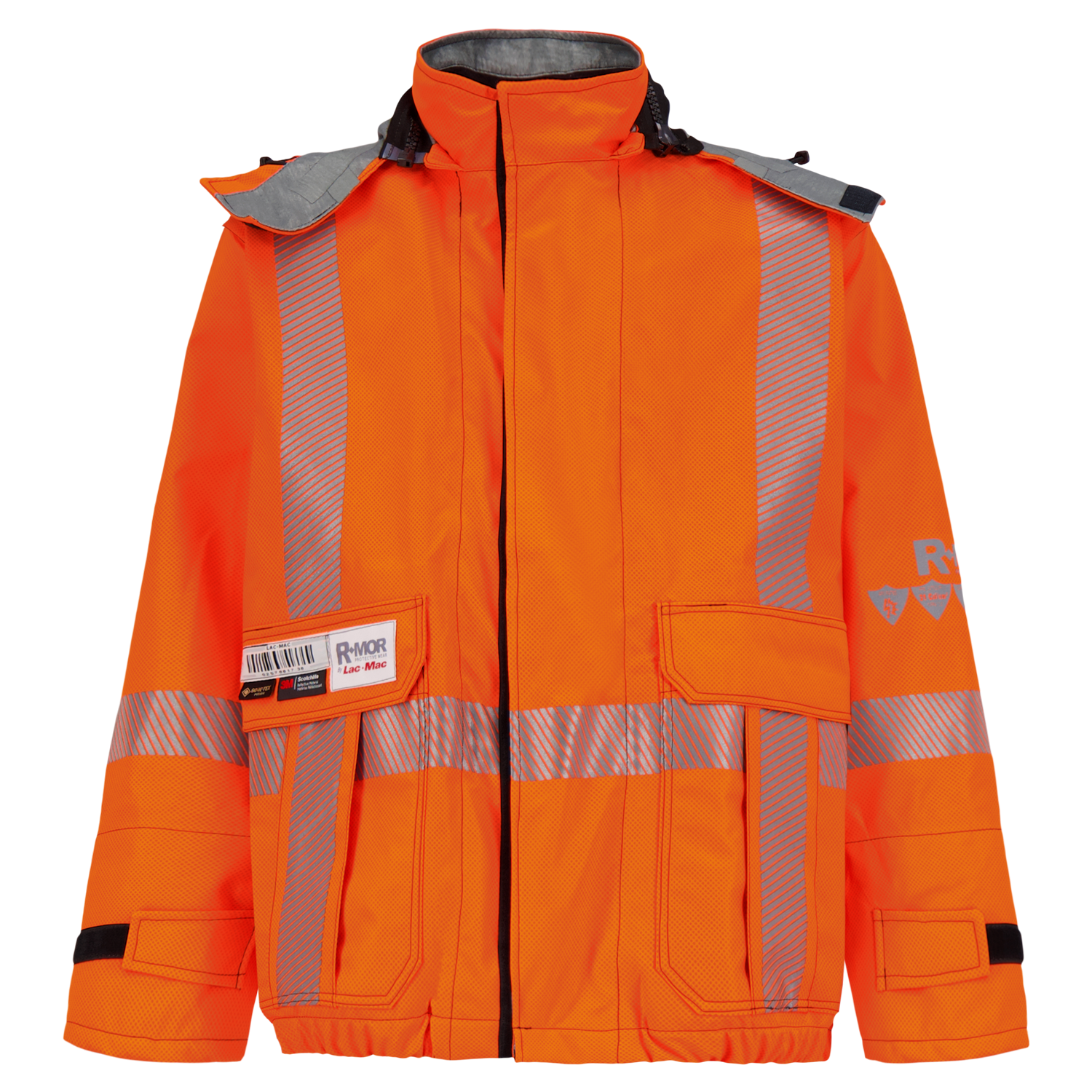 Description: Bright orange high-visibility jacket with reflective stripes, multiple pockets, and a tag displaying the brand name "Lac-Mac, Limited". Made with GORE-TEX PYRAD technology, it ensures both durability and protection in harsh conditions. Product Name: Jacket, High-Visibility FR/ARC Rated, Canadian Markings, Regular, 707F-GM.