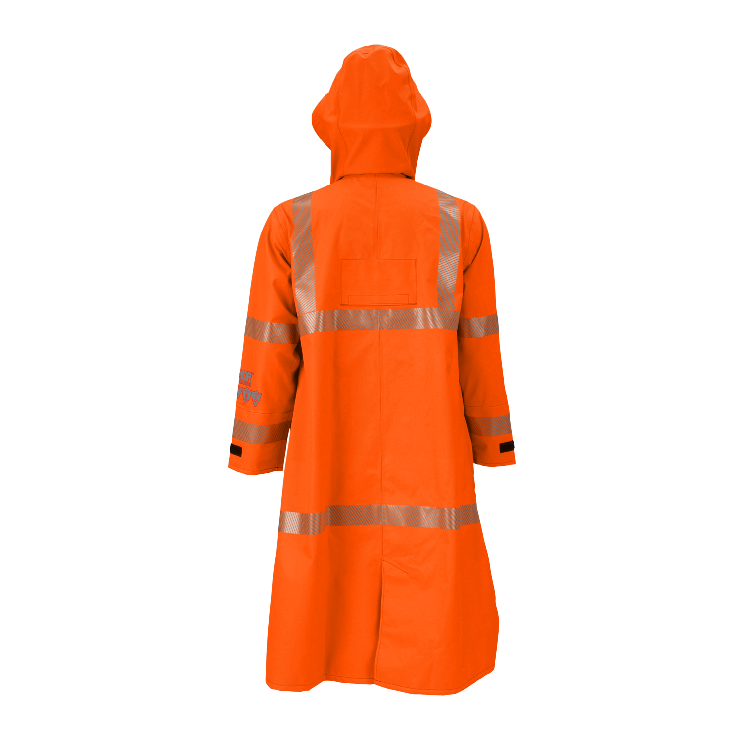The Lac-Mac Duster Coat, High-Visibility FR/ARC Rated (707FDAC) with US markings features a hood and reflective stripes, shown from the back on a plain white background.