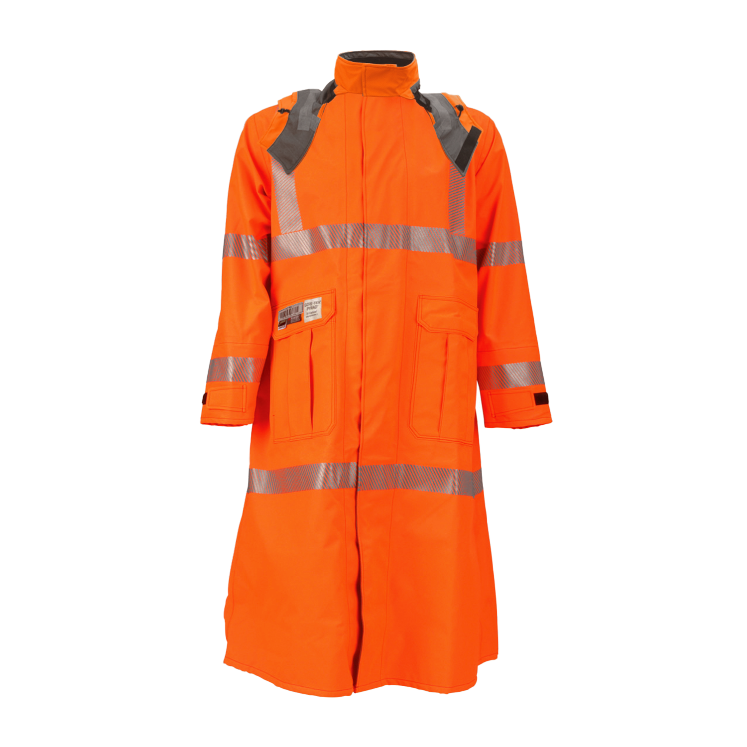 The Lac-Mac Women's Duster Coat, 707FDWAA, is a high-visibility, flame-resistant orange coat with silver reflective stripes and large front pockets. US markings. Displayed on a plain white background.